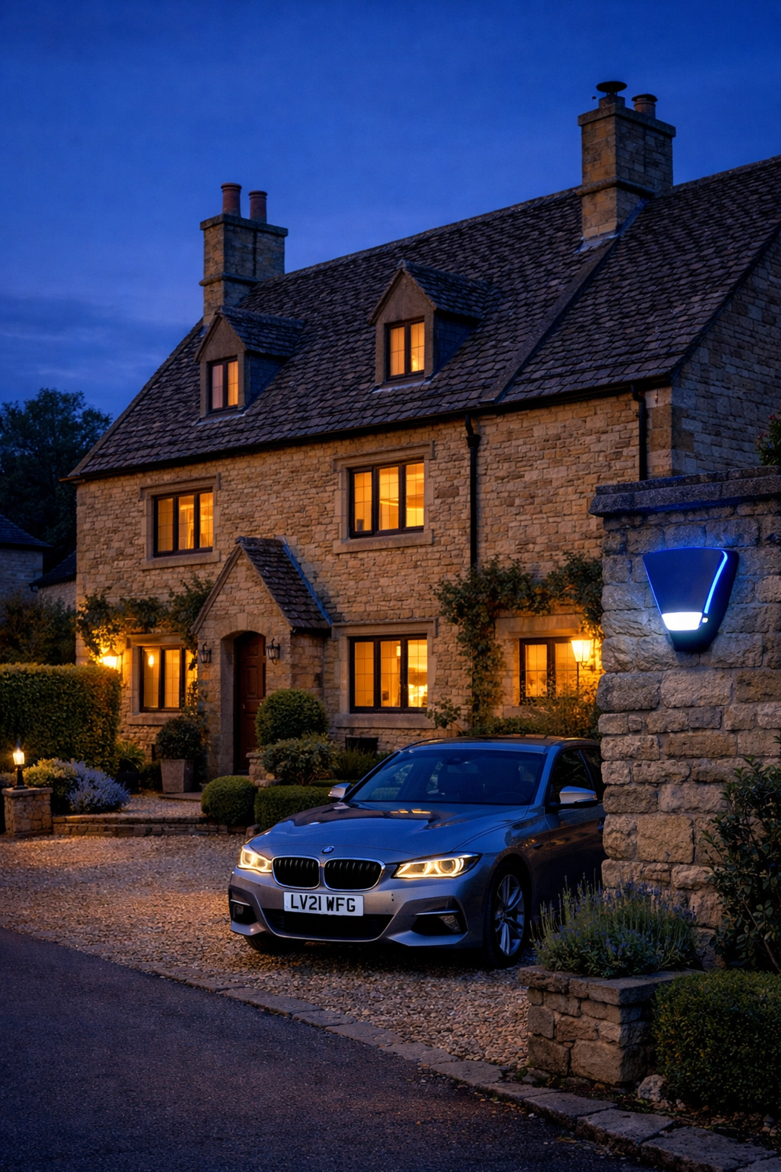 Modern LED home security alarm bell box on a traditional Cotswold stone house in Oxford.