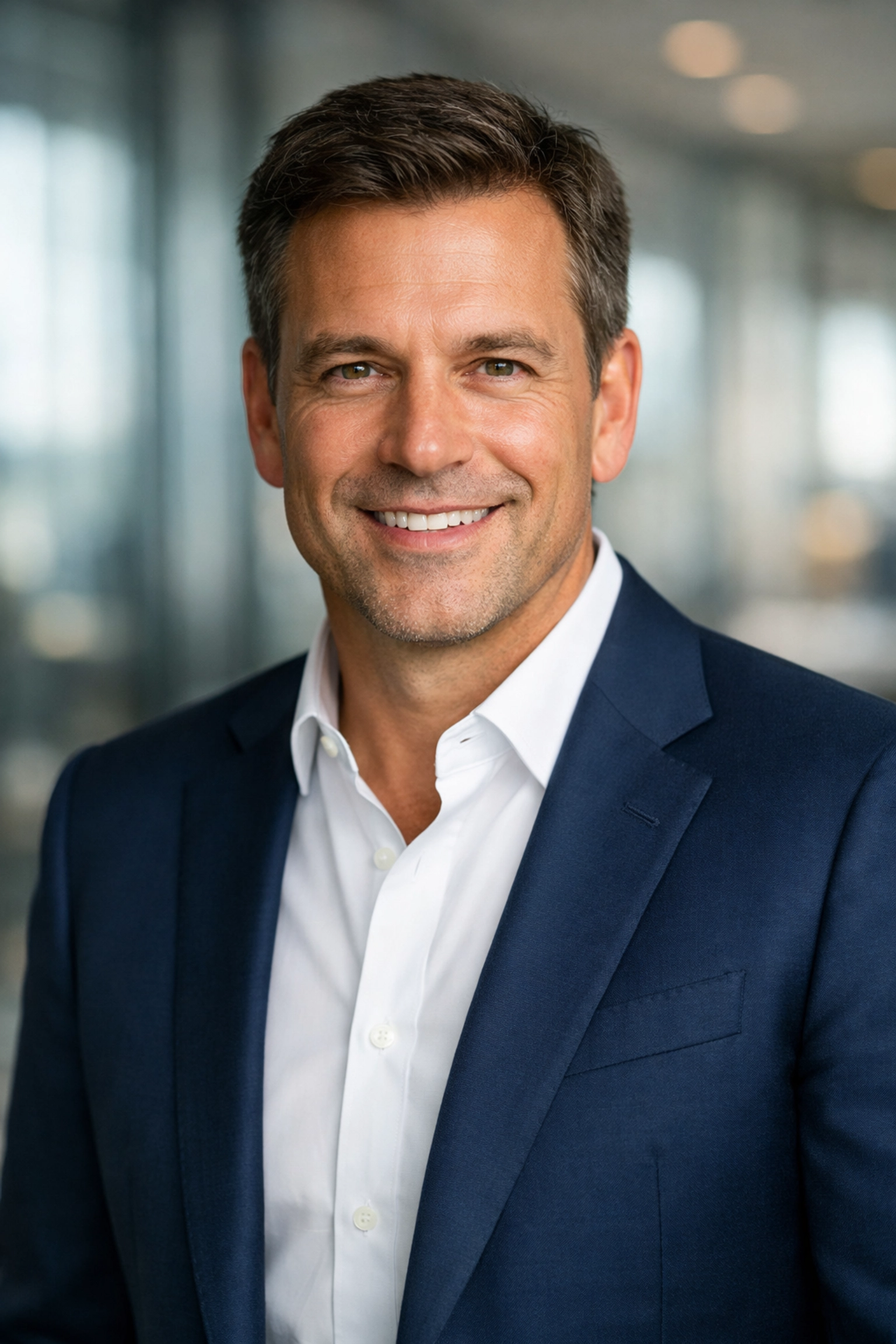 A confident male executive in a navy suit smiling during a successful professional corporate headshot session.