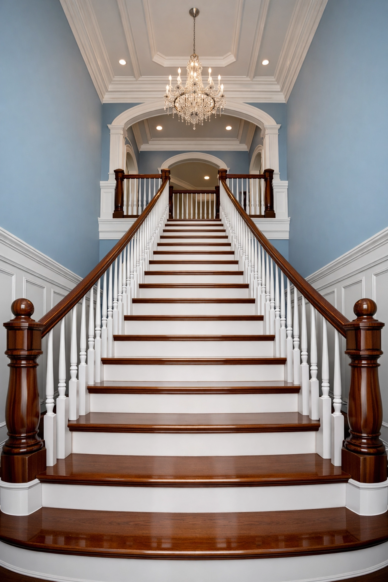 Immaculate grand staircase in a luxury home after house cleaning Lancaster MA.