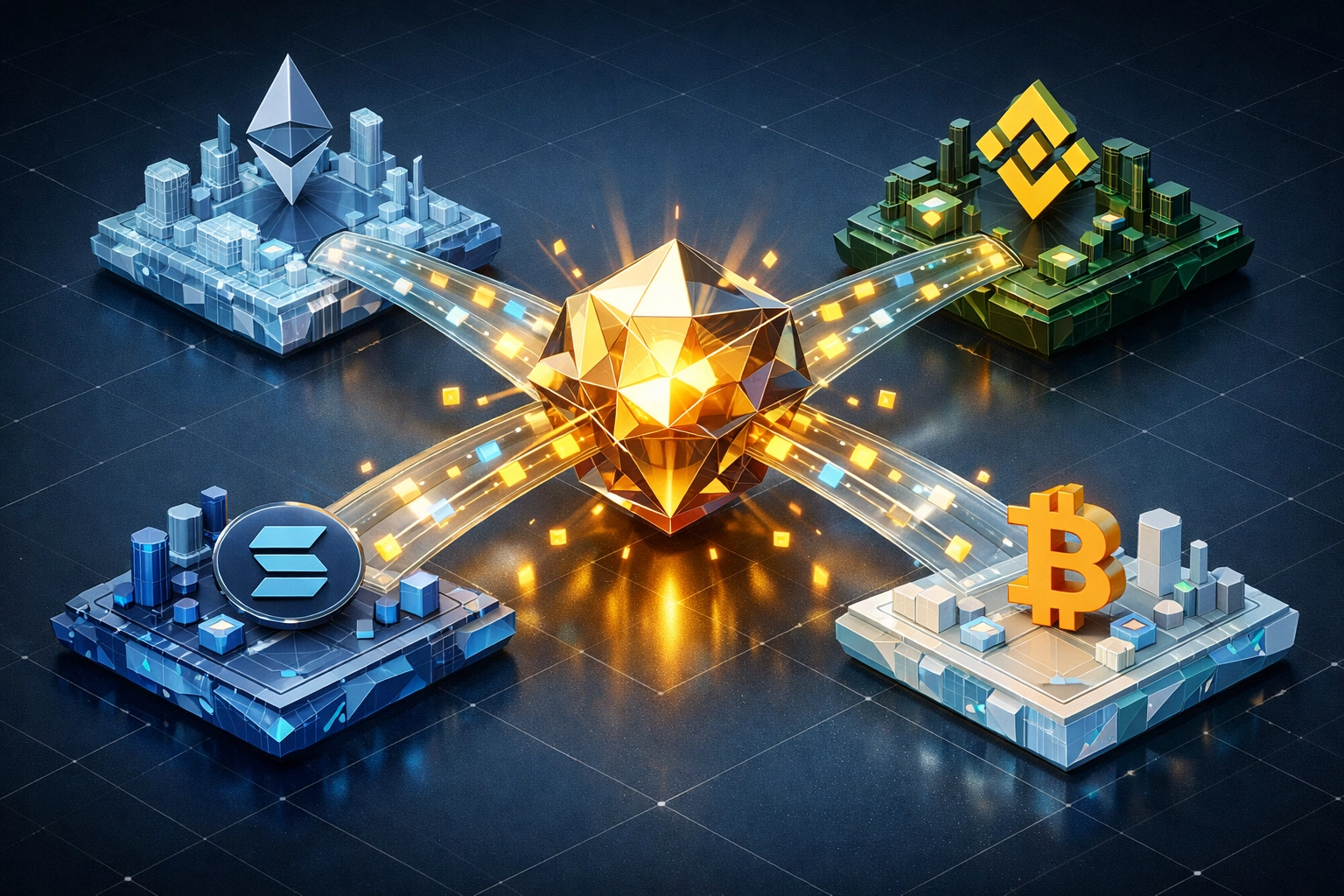 Cross-chain payment network illustrating seamless crypto transaction routing between different blockchains.