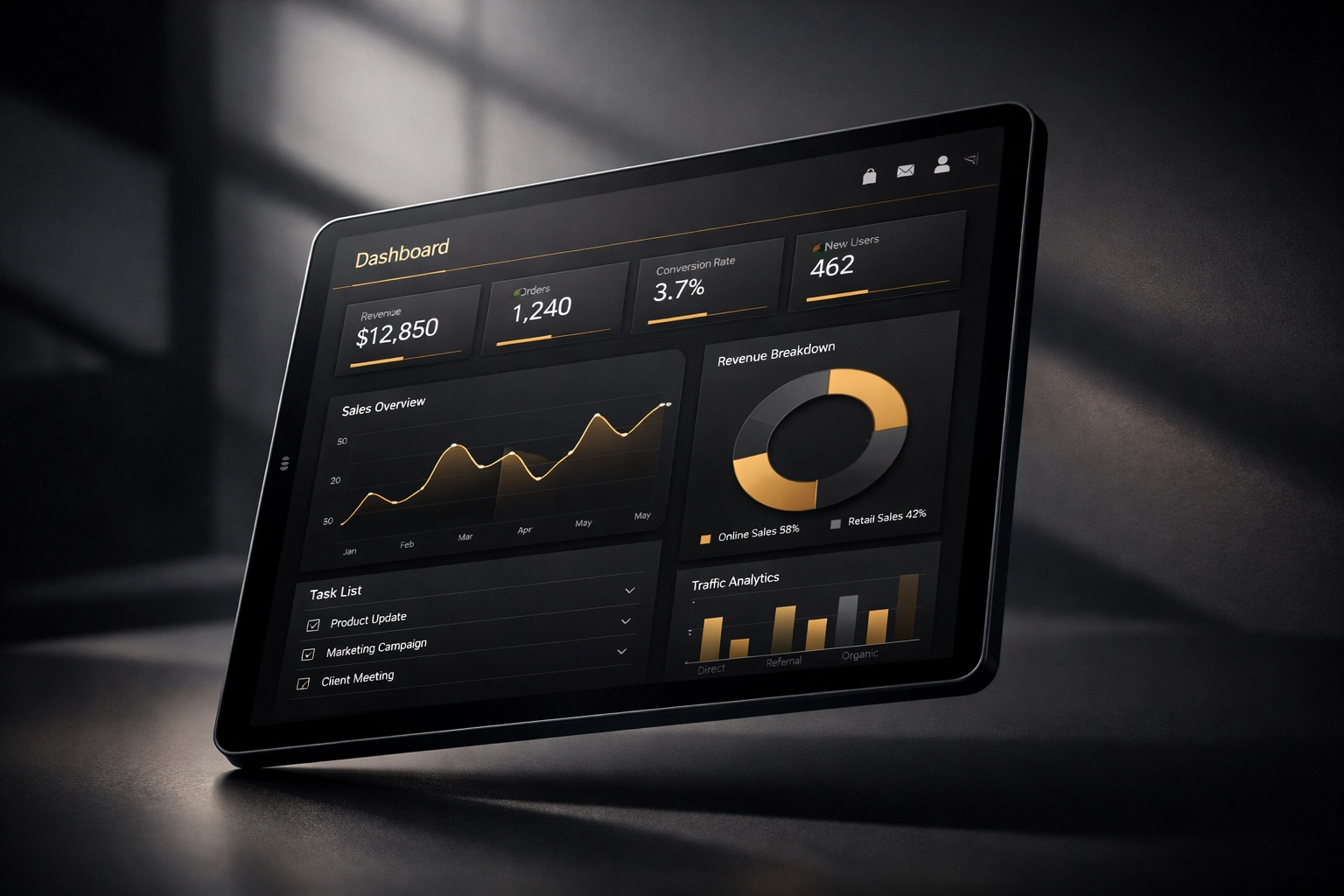 Property management dashboard displaying centralized data and analytics on digital tablet