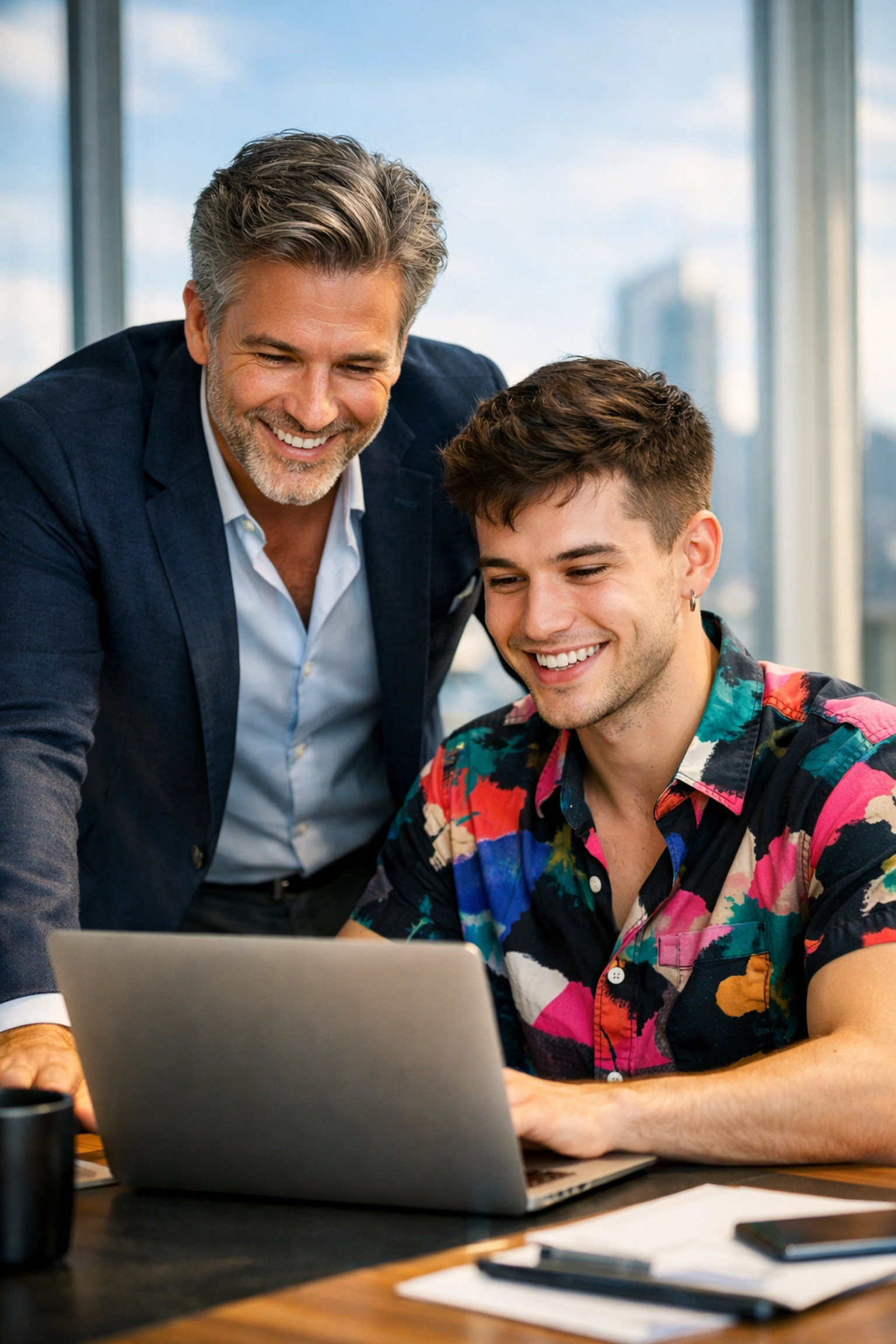 Gay mentor and younger LGBTQ+ professional collaborating in a modern office, showcasing queer leadership.