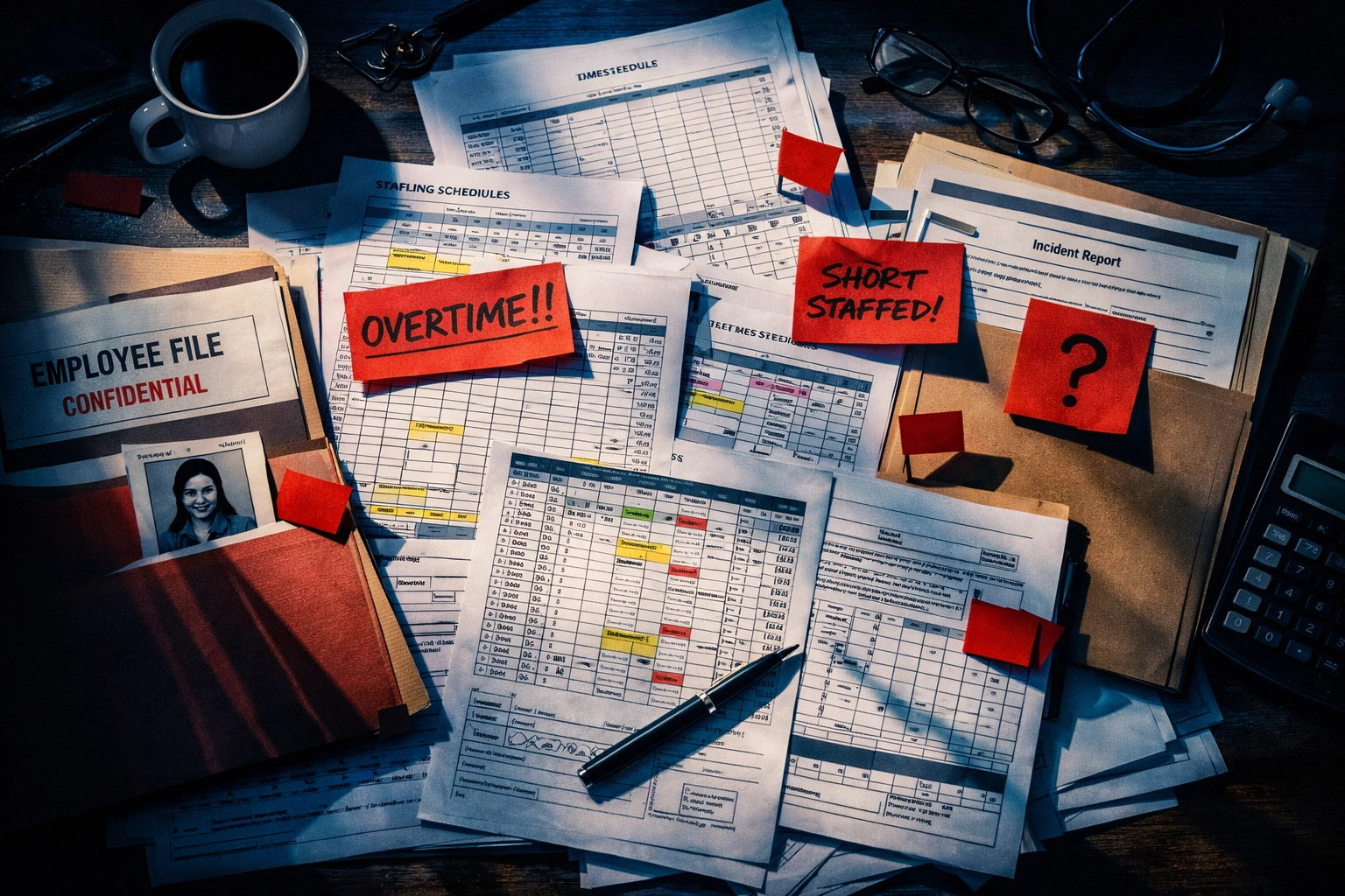 Hospital staffing records and personnel files spread across desk showing evidence of negligence