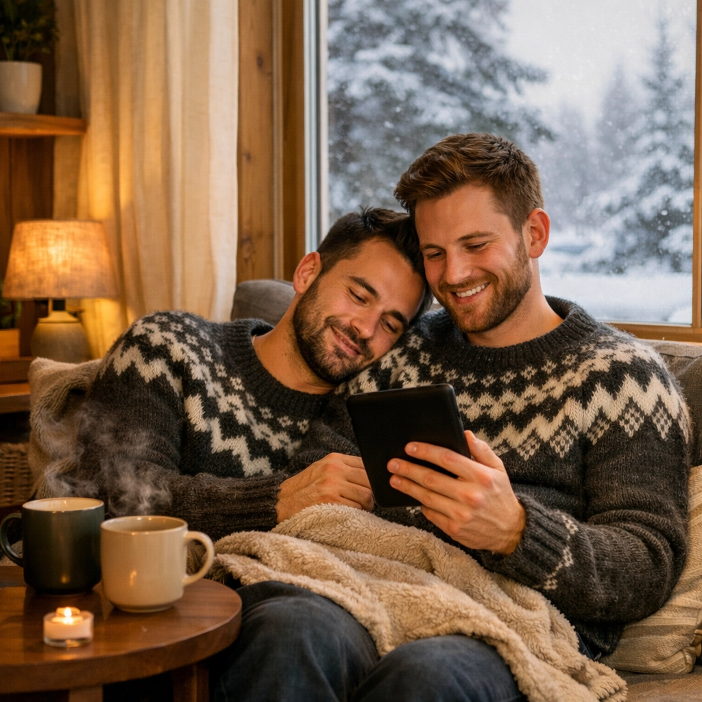 Gay newlyweds reading MM romance books in cozy Icelandic cabin