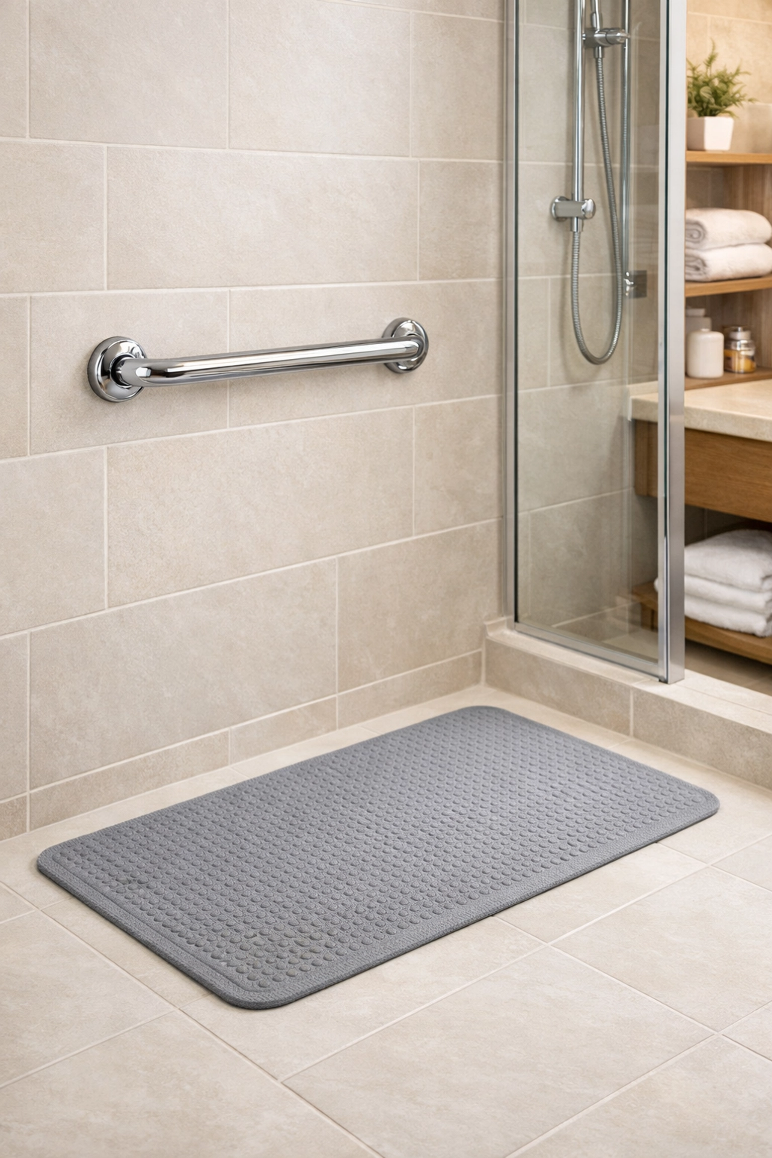 Bathroom safety modifications including a sturdy chrome grab bar and non-slip mat for senior fall prevention.