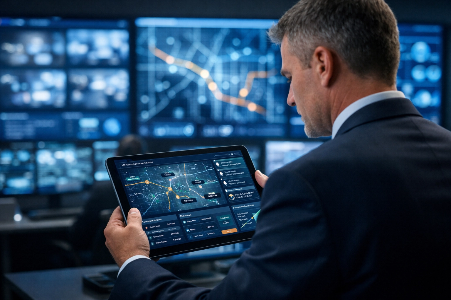 Security operations center dashboard managing real-time logistics for Super Bowl executive protection.