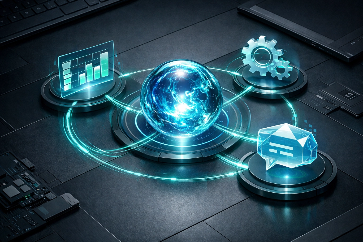 A central digital hub connecting business apps into a unified tech stack with AI integration services.