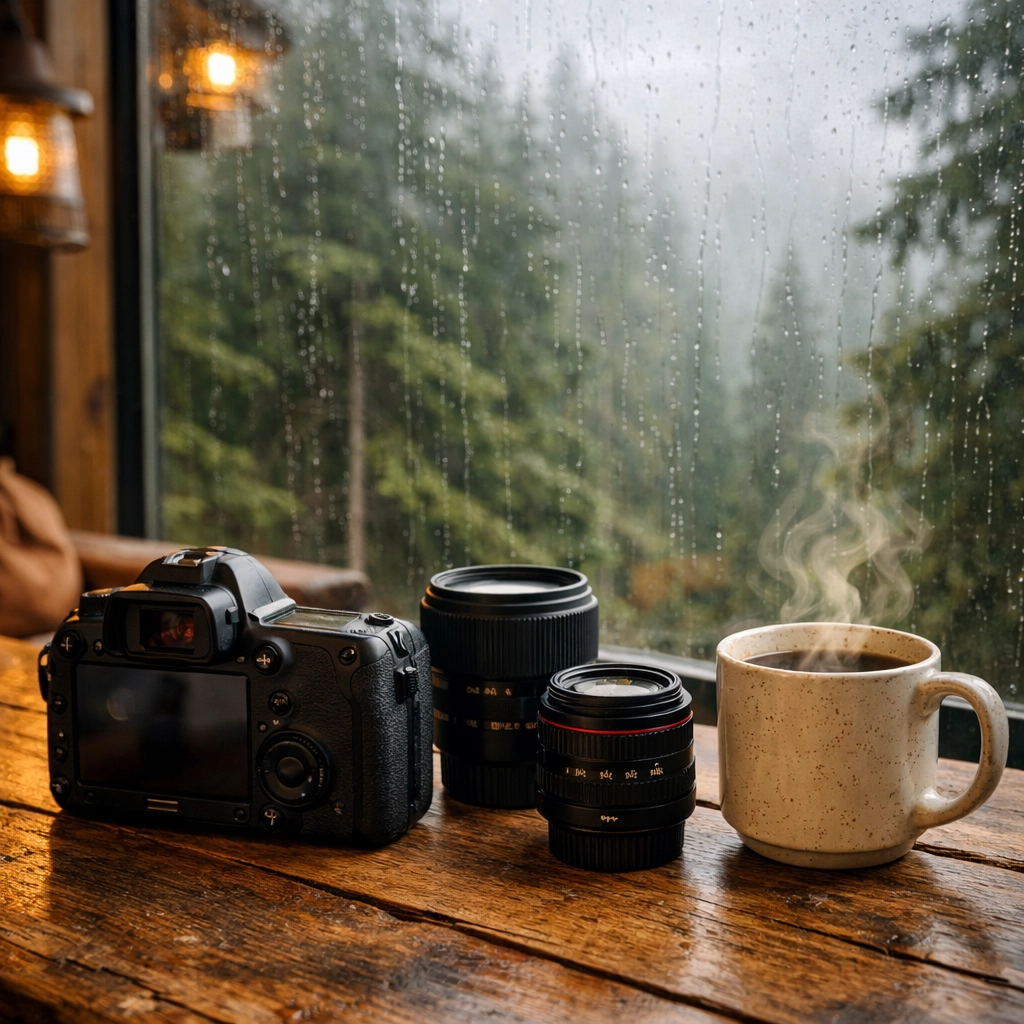 A full-time photographer's camera gear during a creative weekend getaway at a forest cabin.