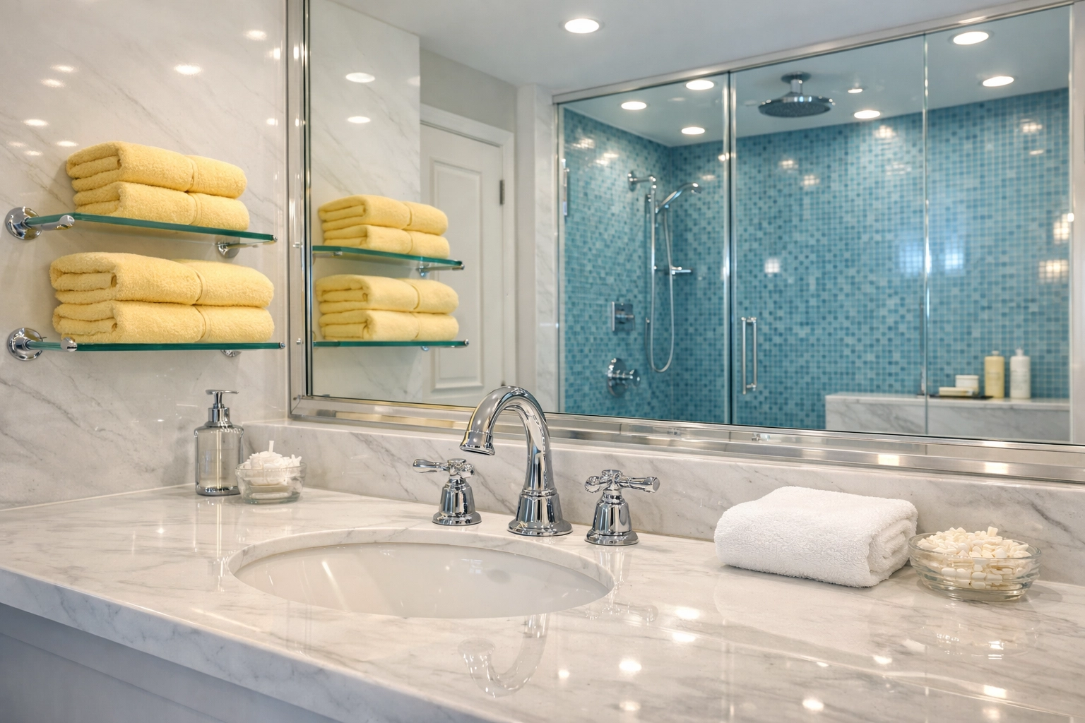 Pristine bathroom with marble vanity and glass shower demonstrating professional move-out cleaning Worcester.