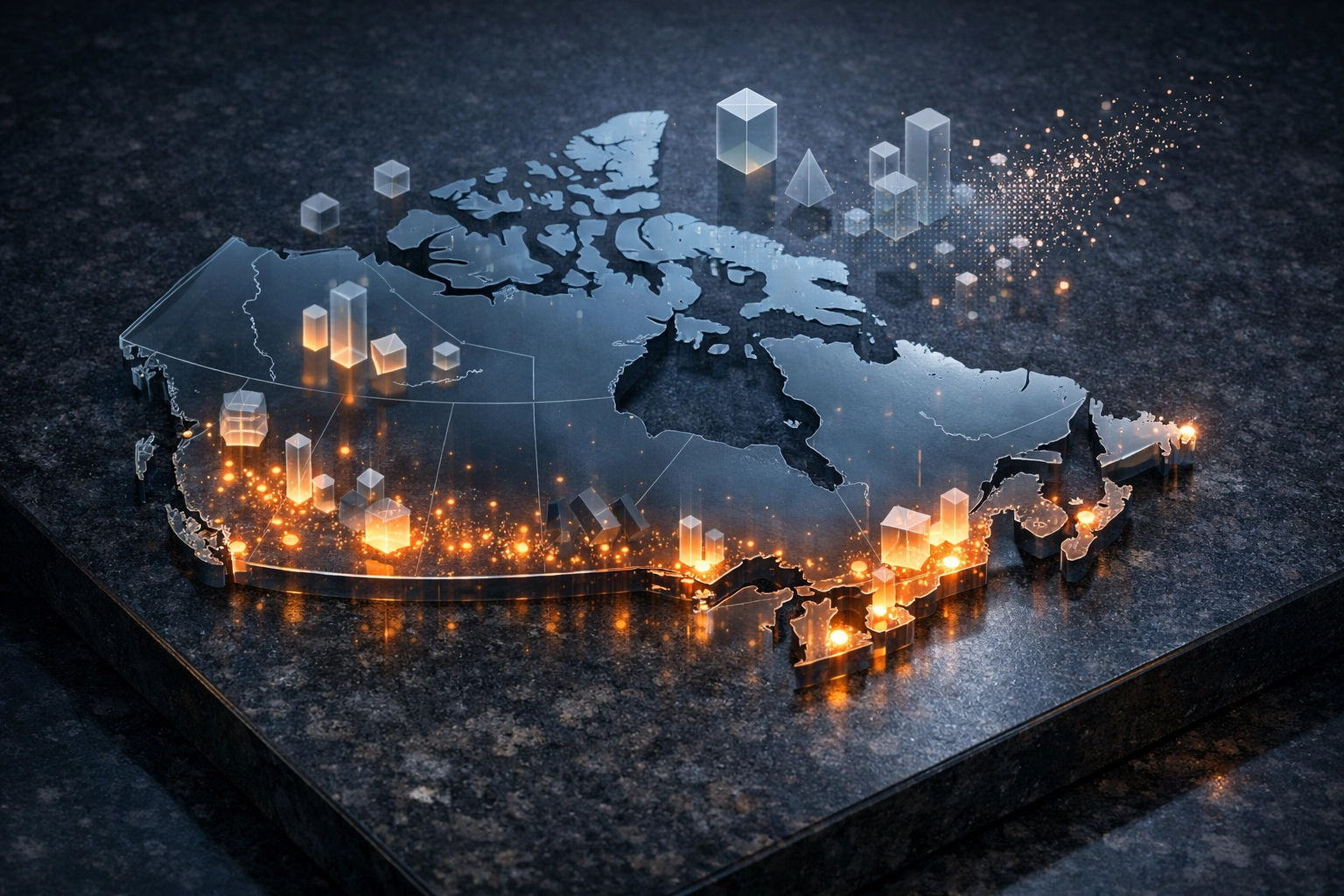 Digital map of Canada highlighting urban centers and shifting demographic data points.