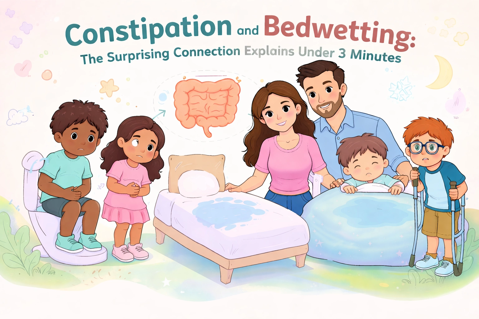Illustration of a family in a child’s bedroom at night, with parents standing beside a bed where a child has had a nighttime accident. A younger child stands nearby holding their stomach, and a soft medical-style illustration of the digestive system appears above, symbolizing the connection between constipation and bedwetting. The scene is warm, supportive, and family-centered.