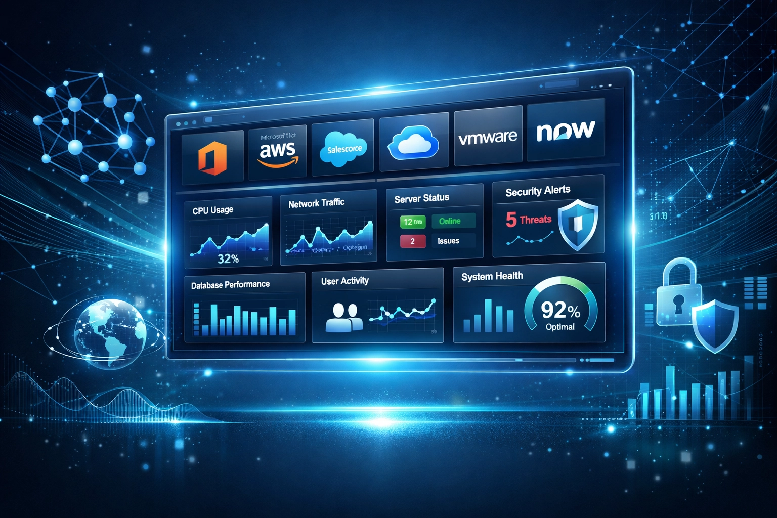 Enterprise IT management dashboard displaying monitoring tools and security metrics