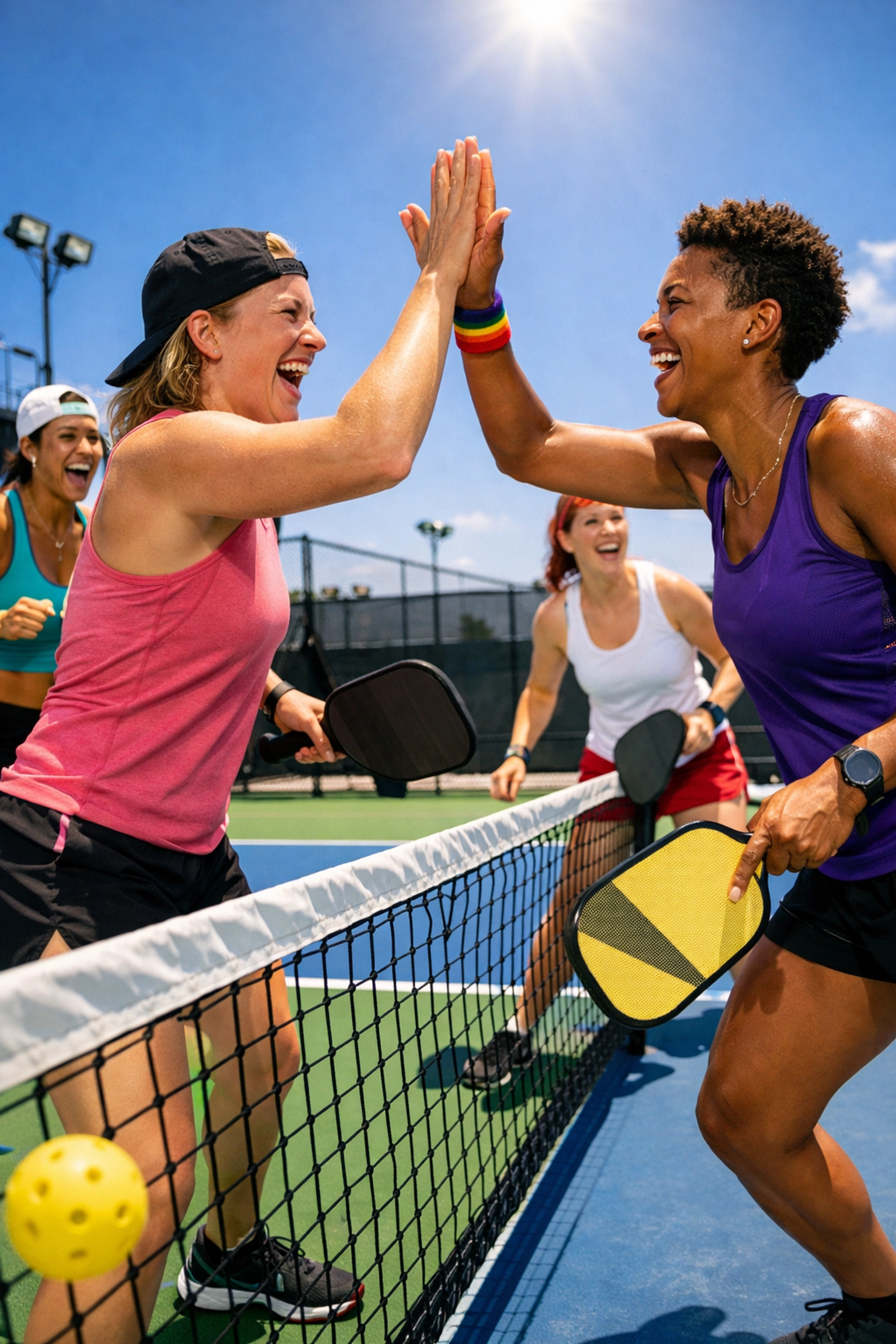 Queer women high-fiving during a pickleball match, showcasing active queer hobbies and community connection.