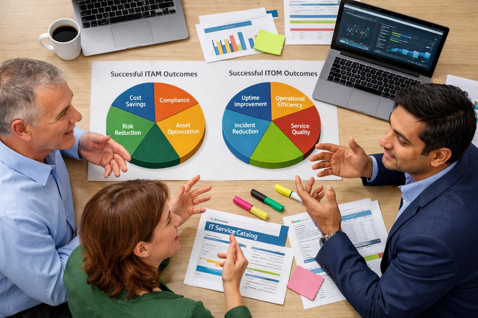 ServiceNow ITAM and ITOM specialists reviewing asset optimization results and cost savings