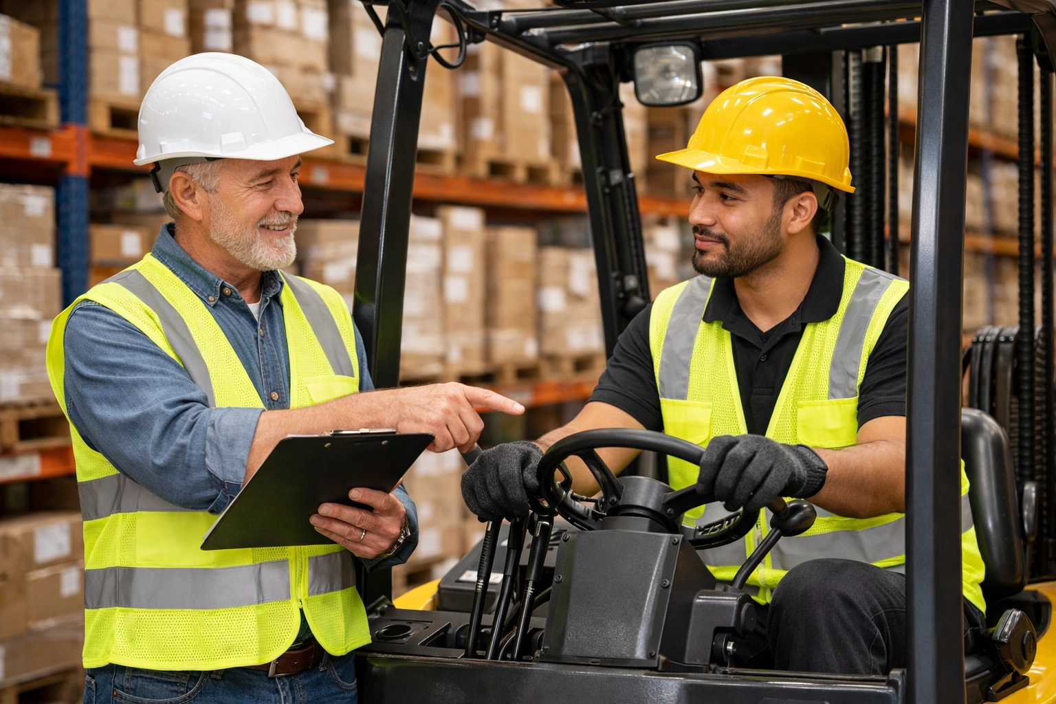 Warehouse supervisor training new hire on forklift safety procedures and onboarding protocol