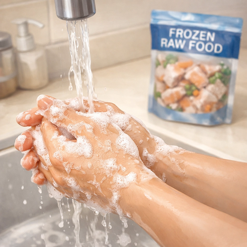 Hands washing with soap and water next to raw cat food for proper hygiene and safety