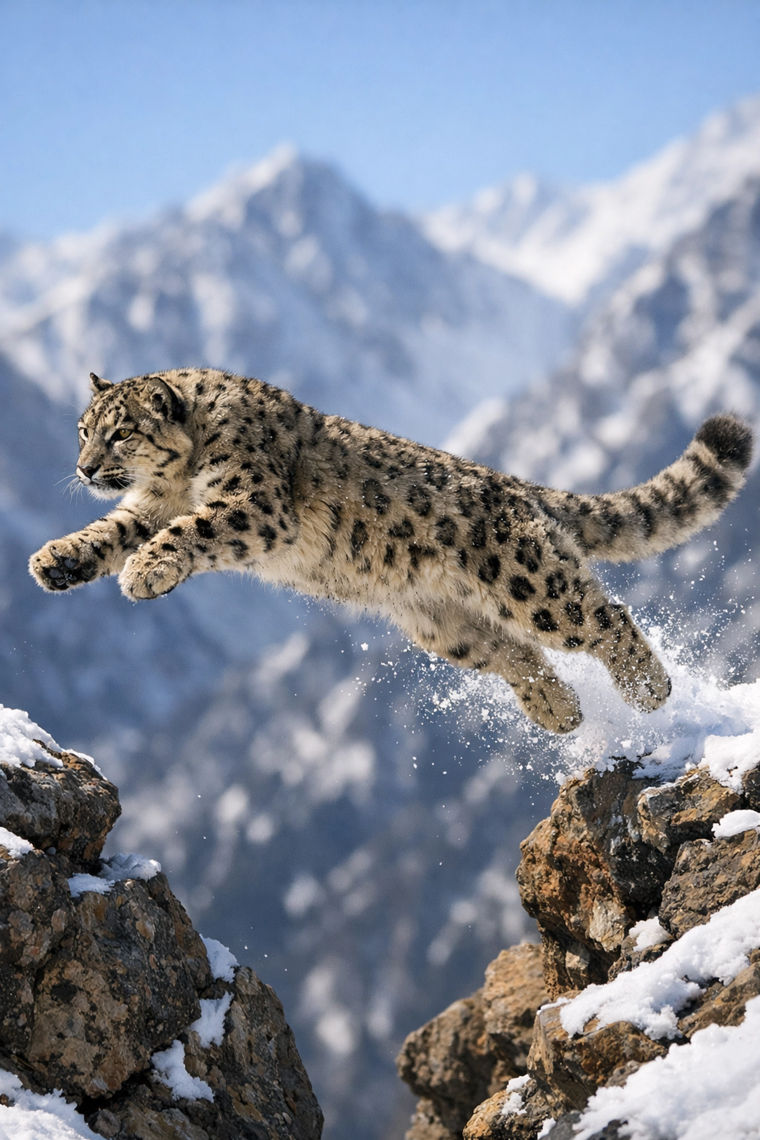 Action shot of a snow leopard leaping, demonstrating natural movement in high-quality animal stock photos.