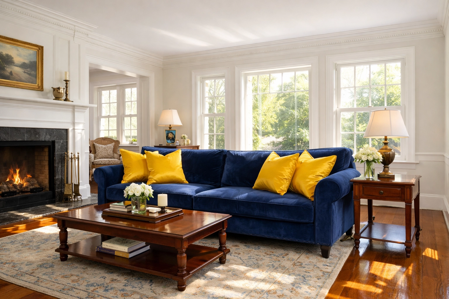 Professional upholstery cleaning for a navy blue velvet sofa in a sunlit Lancaster, MA living room.
