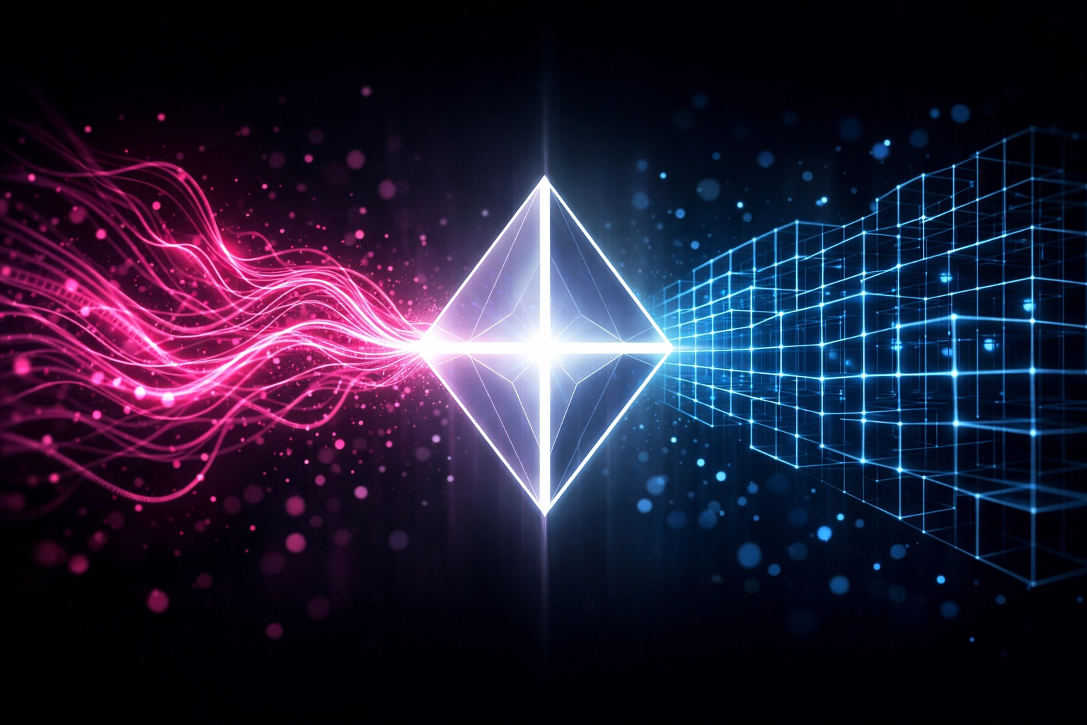 Abstract neon data waves entering a gateway and emerging as a structured grid for secure enterprise AI governance.