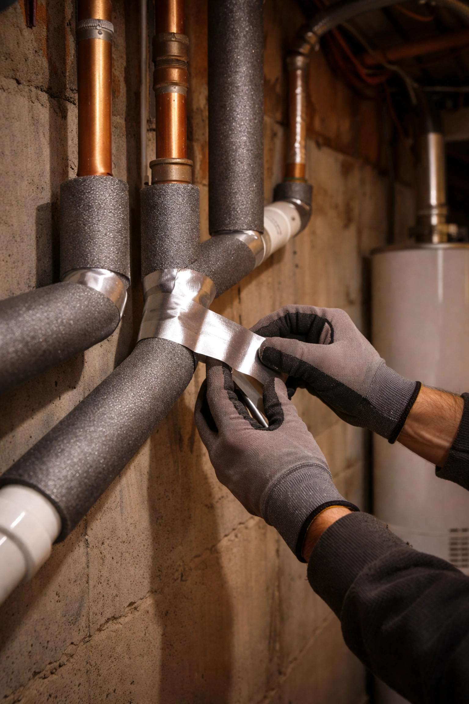 Insulated pipes in a basement, demonstrating pipe freeze prevention tips for winter in Connecticut