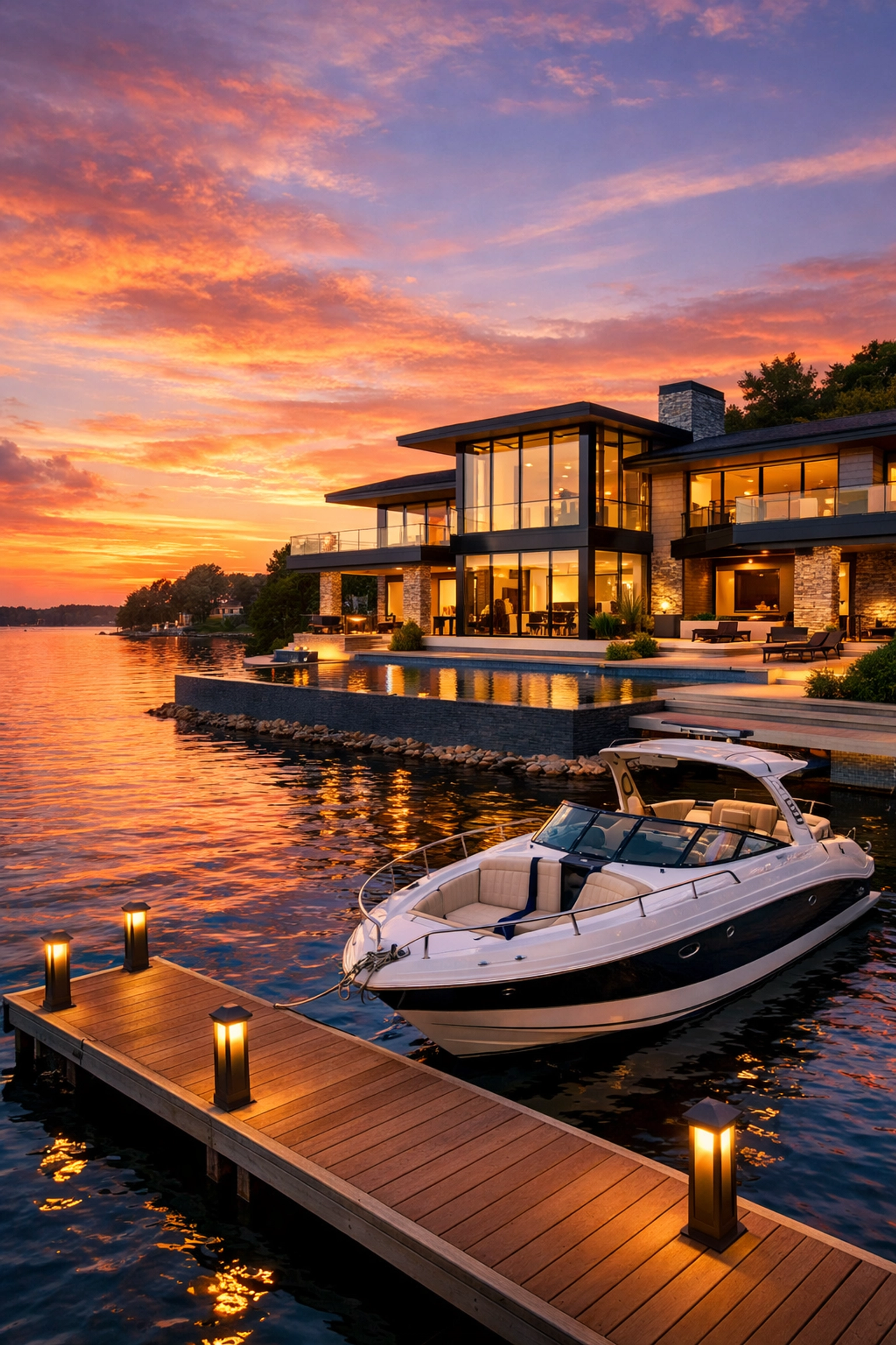 Luxury homes Charlotte NC real estate waterfront estate on Lake Norman with private dock and sunset.