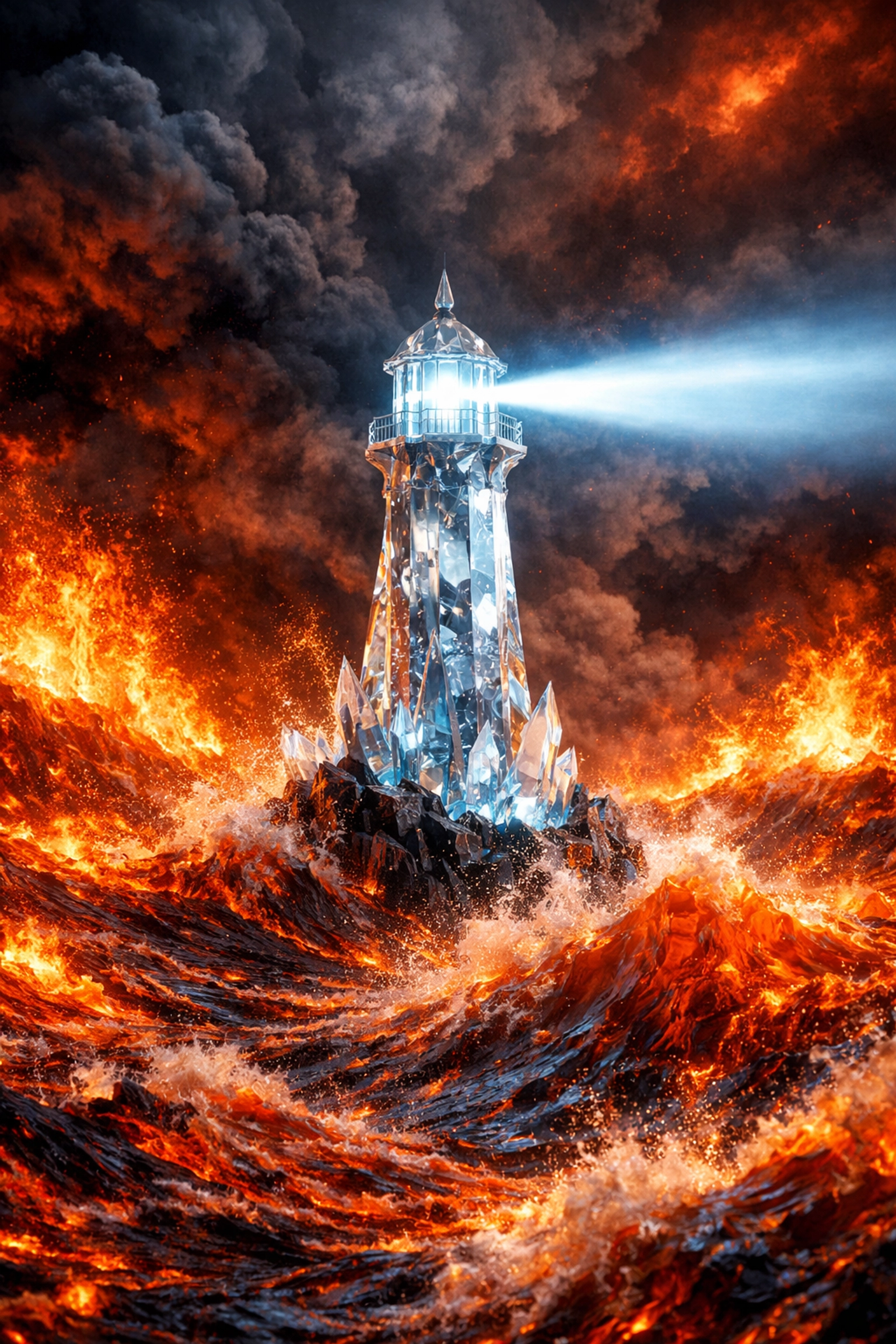 A lighthouse in a sea of flames representing a calm, regulated nervous system for emotional safety and parenting.