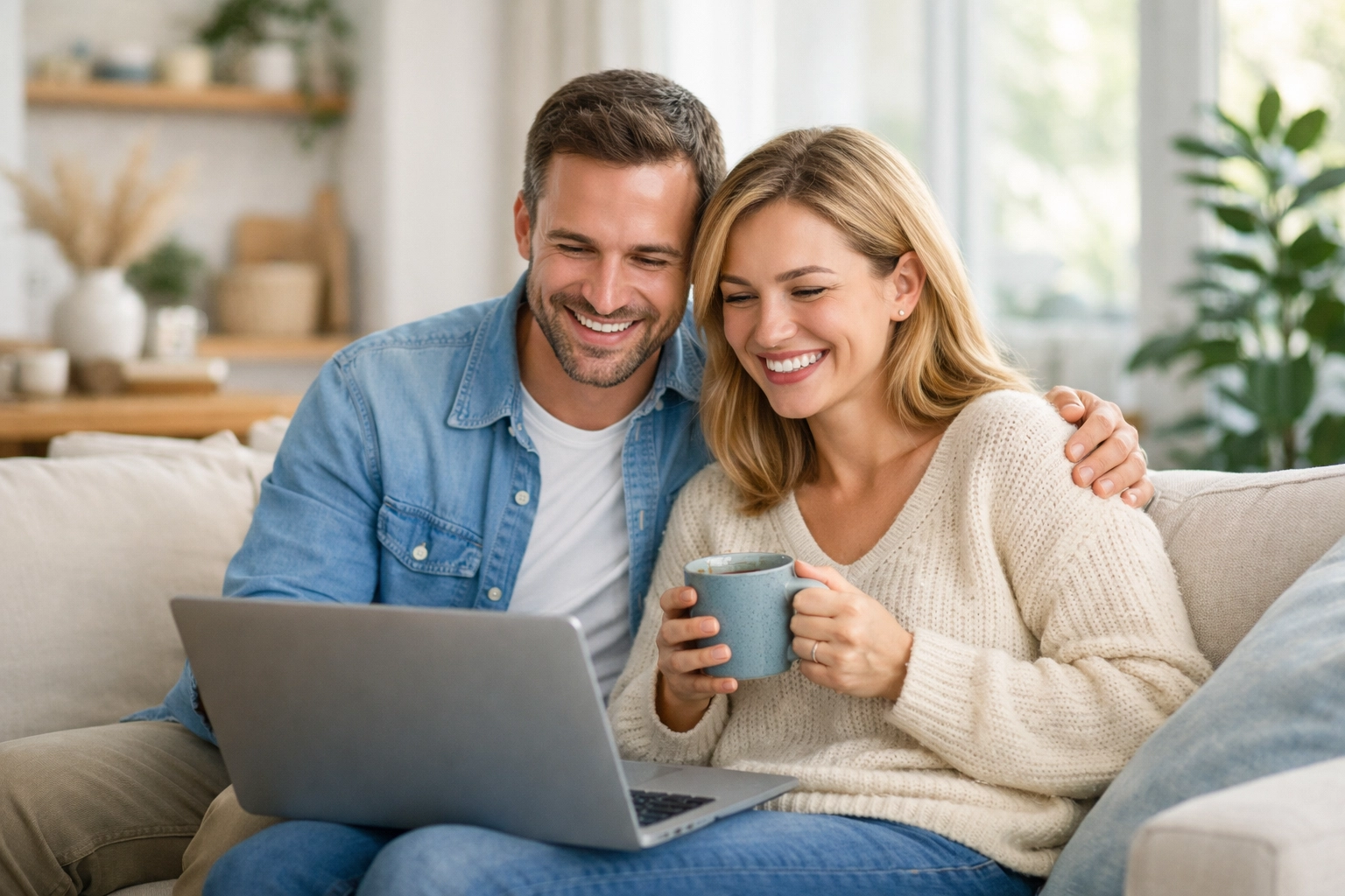 Woking homeowners feeling relieved while checking remortgage advice on a laptop in a bright living room.