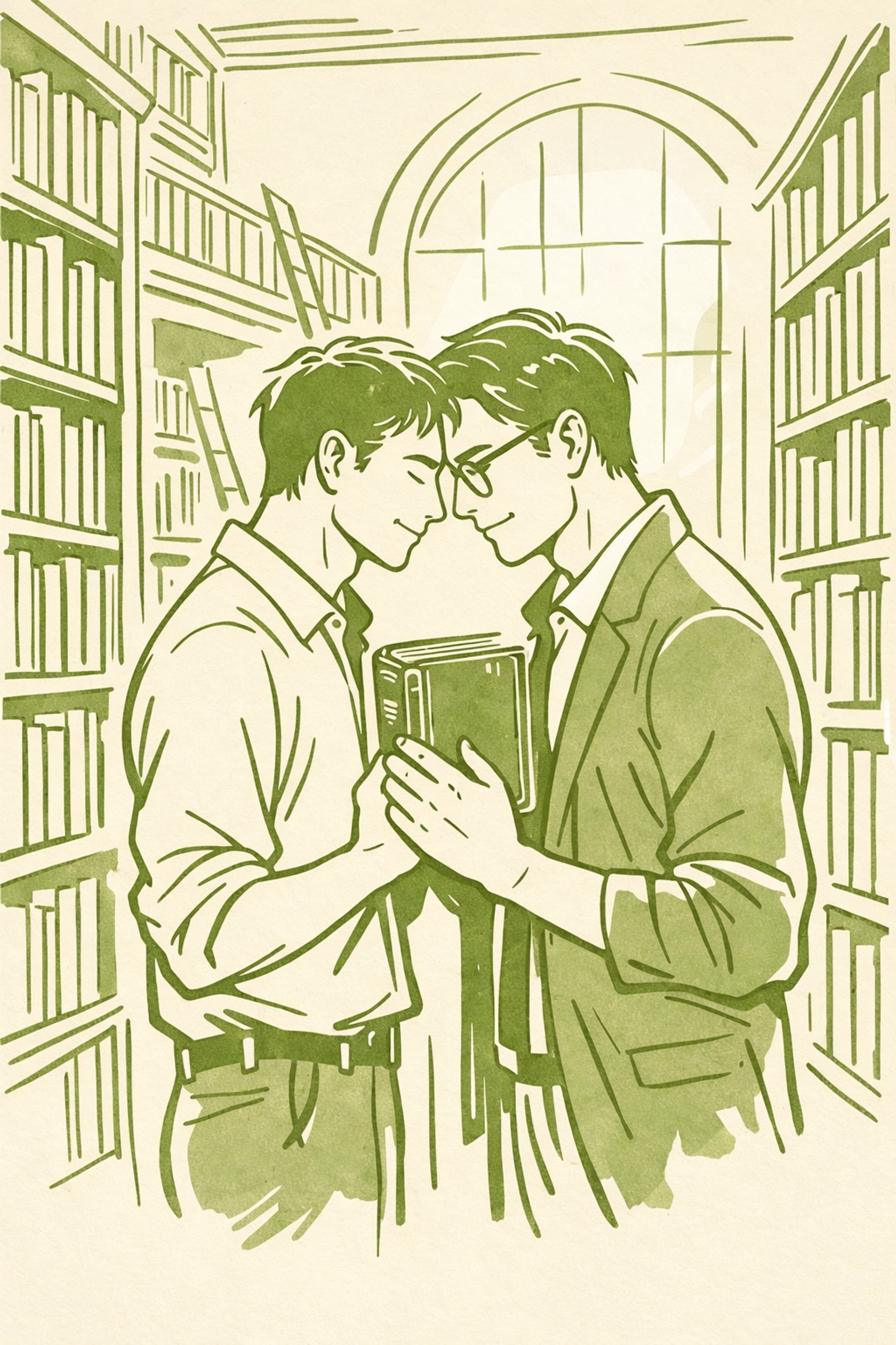 Gay couple sharing a book in a library, connecting historical queer fiction with modern MM romance.