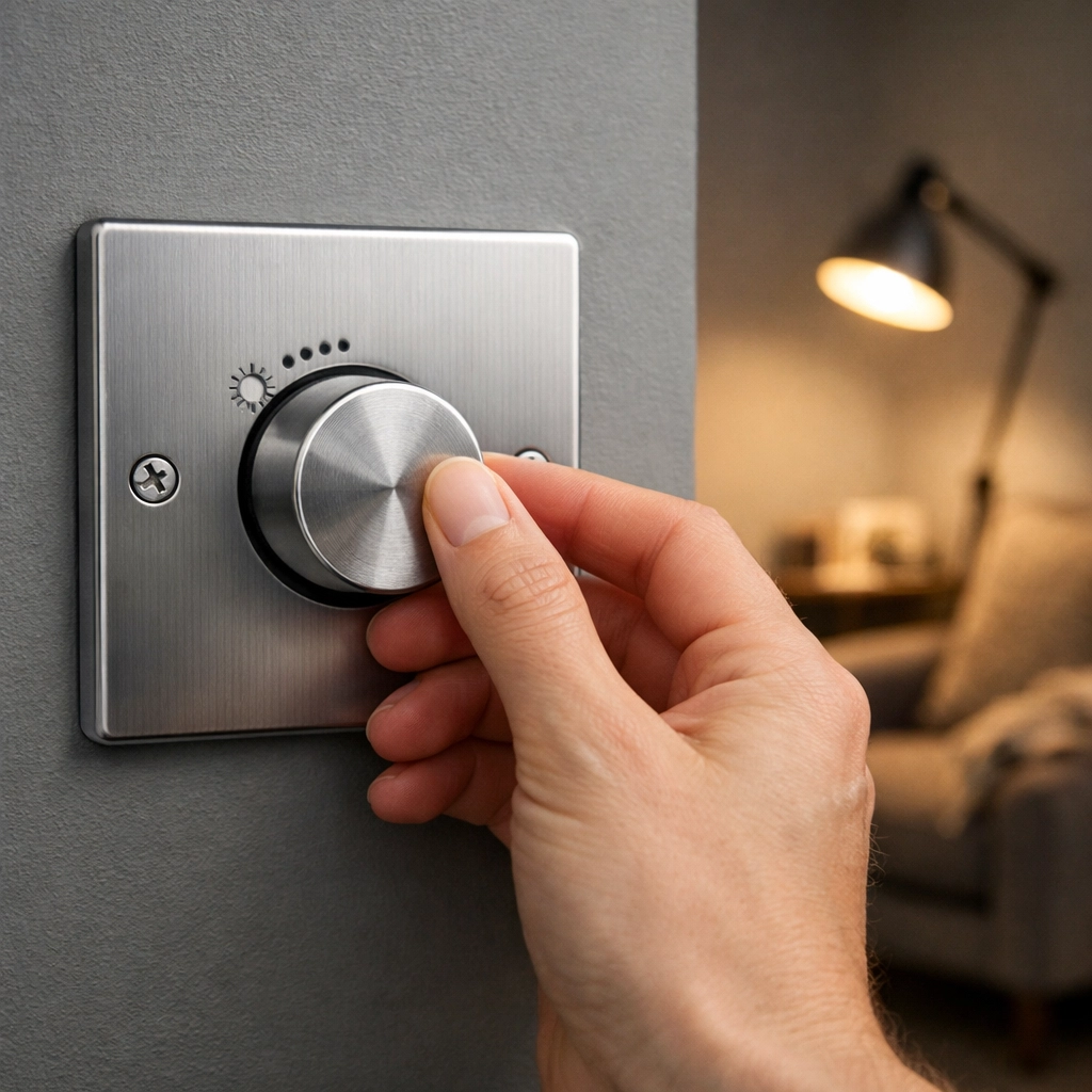 Adjusting a modern UK dimmer switch to reduce energy consumption in a Poole living room.