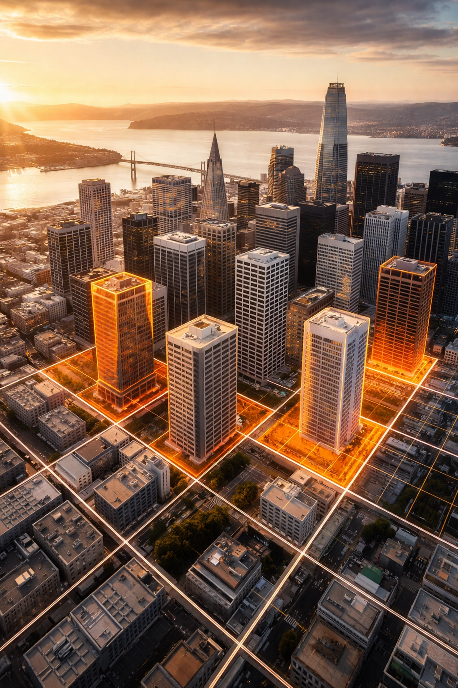 Aerial view of San Francisco's Financial District highlighting eligible office conversion zones for real estate development.