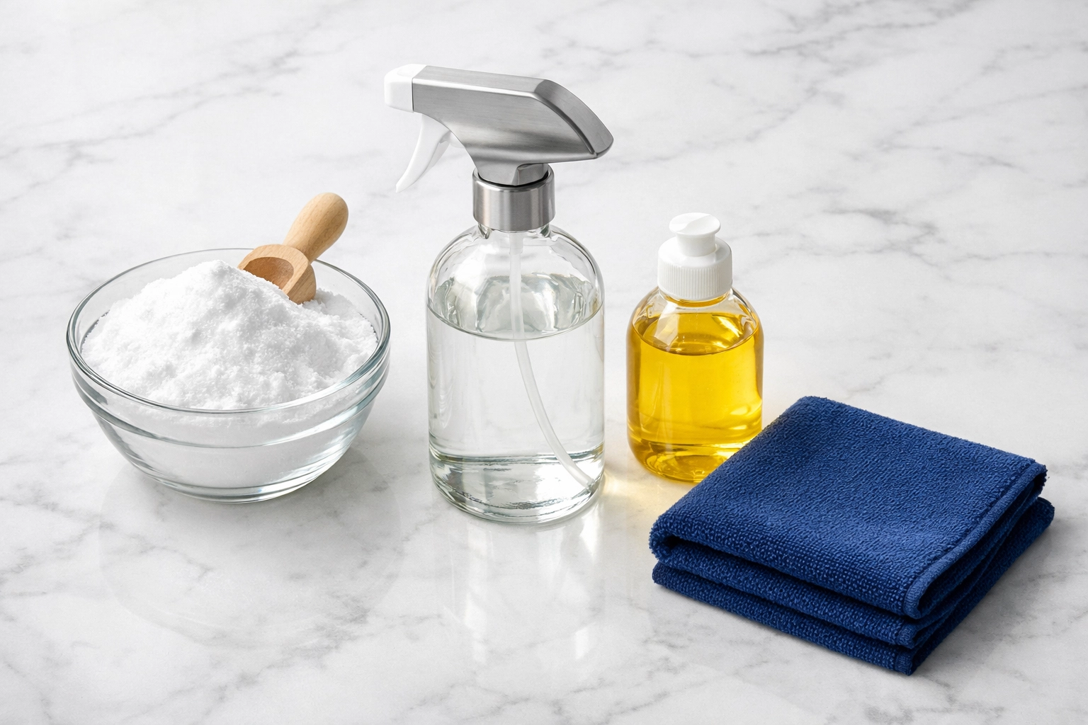 Eco-friendly cleaning supplies including baking soda, vinegar, and a microfiber cloth on a marble counter.