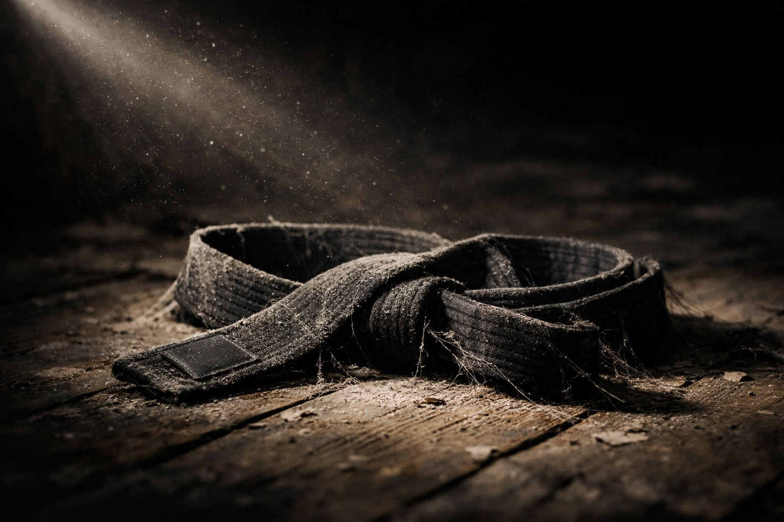 Abandoned dusty black martial arts belt symbolizing hollow rank without training