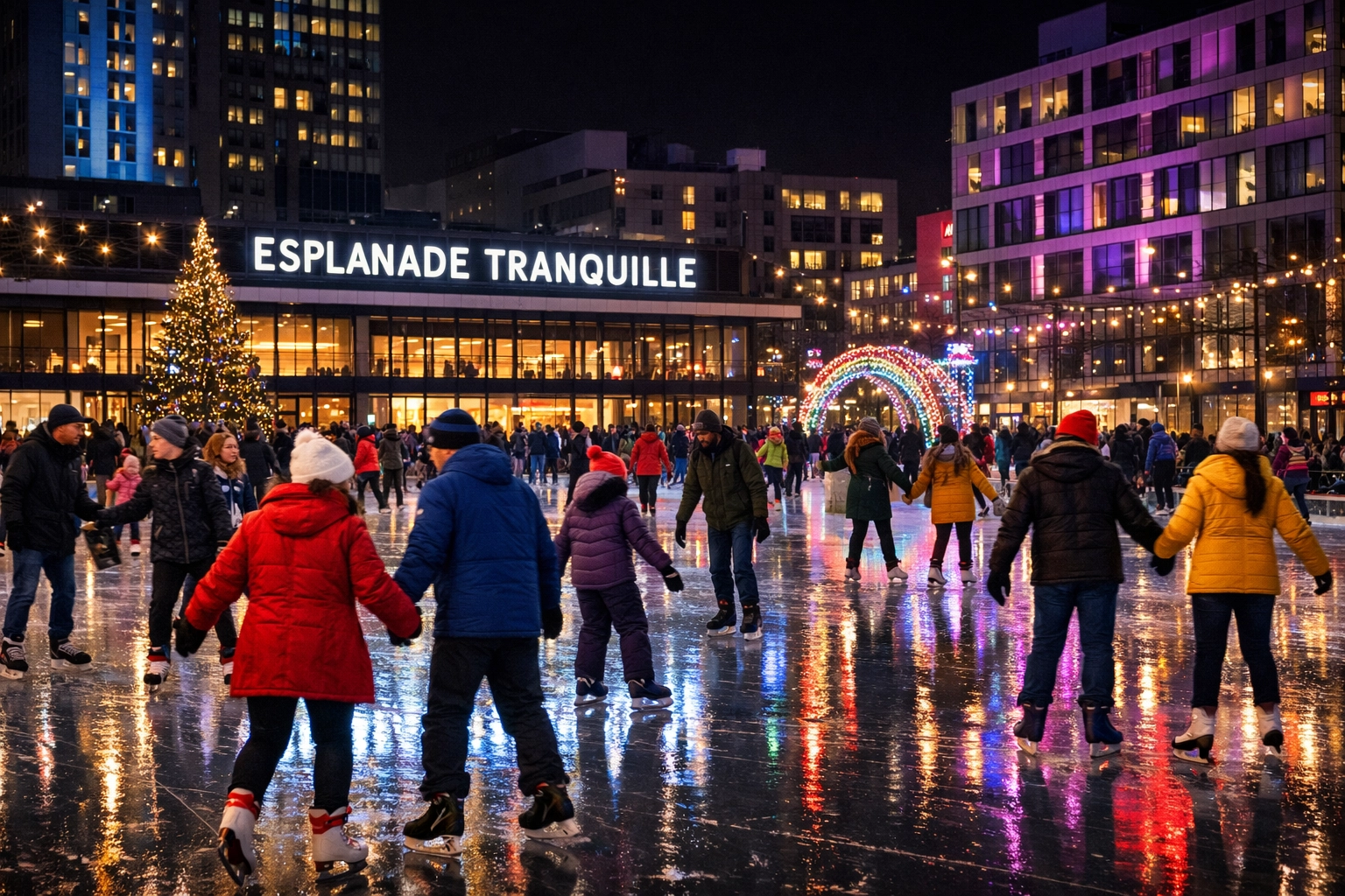 Skaters enjoying the free outdoor ice rink at Esplanade Tranquille in Montreal's Quartier des Spectacles.