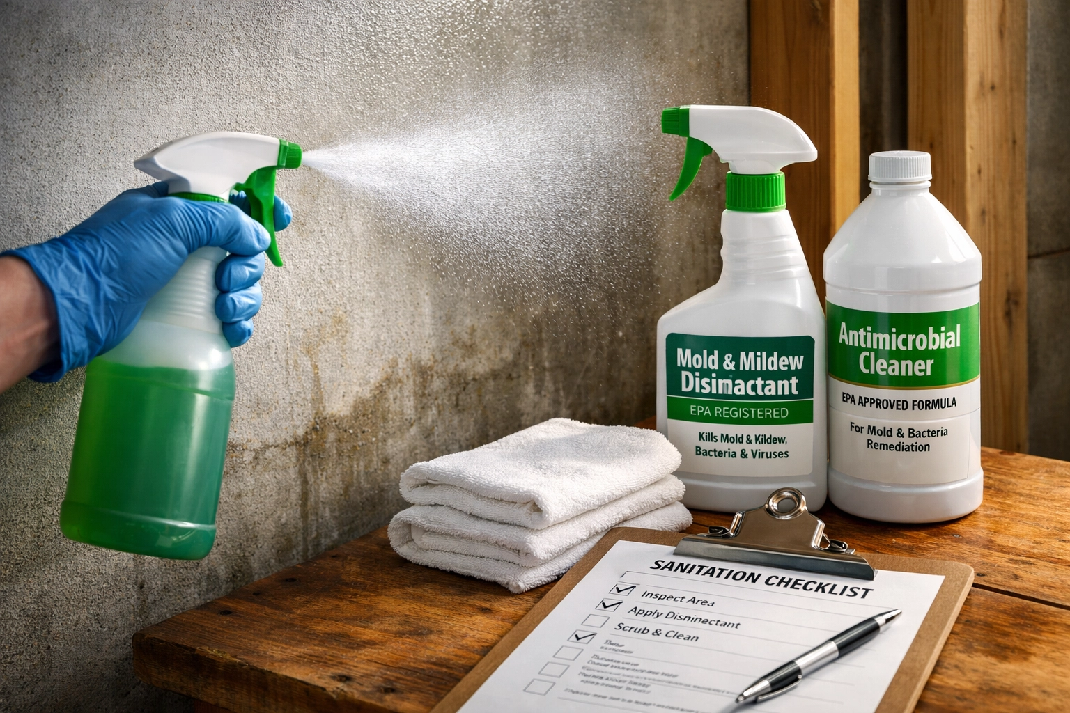 Antimicrobial spray application on basement walls for mold prevention after water damage