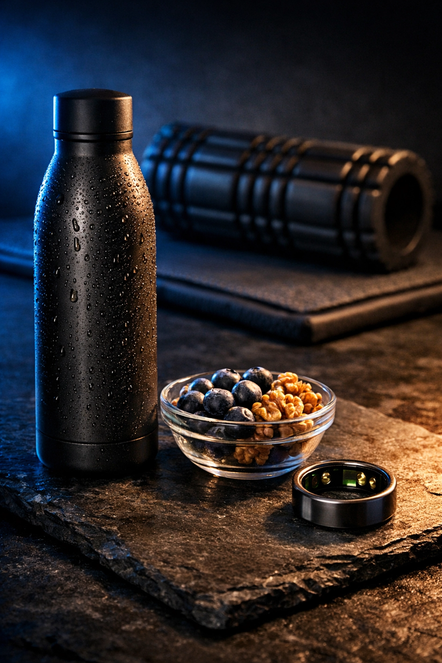 Athlete recovery essentials including a smart water bottle, health tracker, and superfoods for peak health.