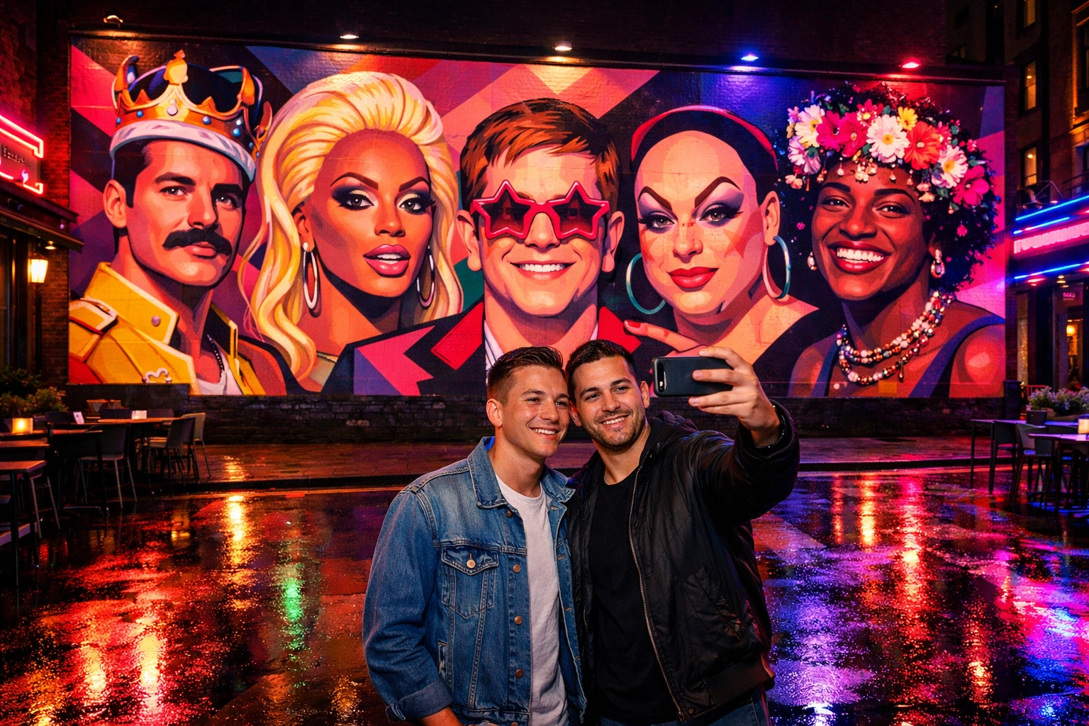 Manchester Canal Street gay street art mural featuring LGBT icons with two men taking photo