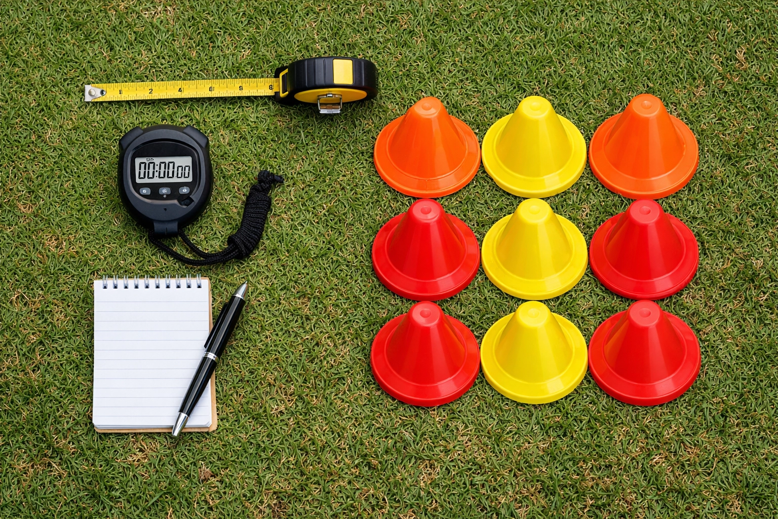 Essential coaching equipment including stopwatch, cones, and notebook for tracking speed