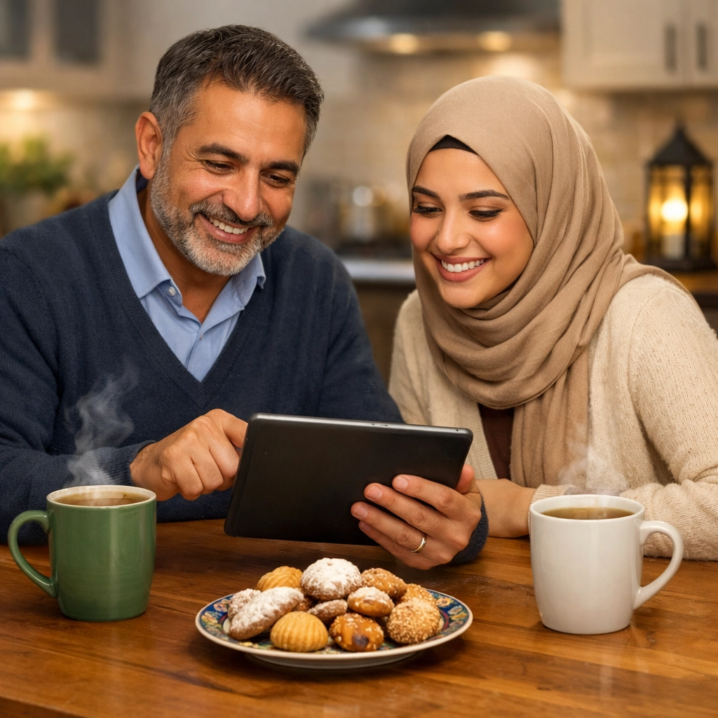 A mortgage broker and client discussing low deposit home loan options over tea and Eid biscuits.