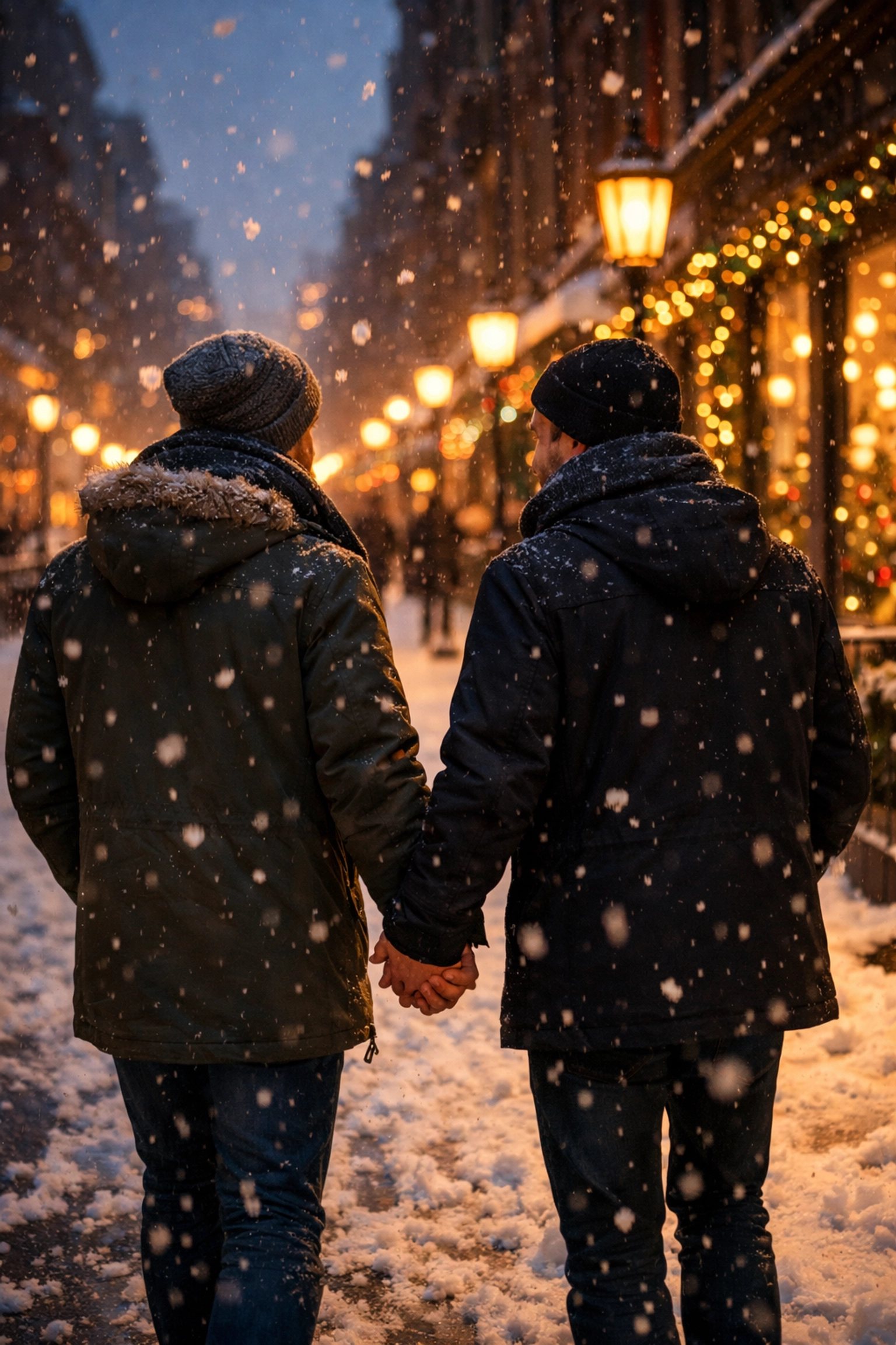 Gay couple holding hands walking through snowy city street at twilight - winter romance