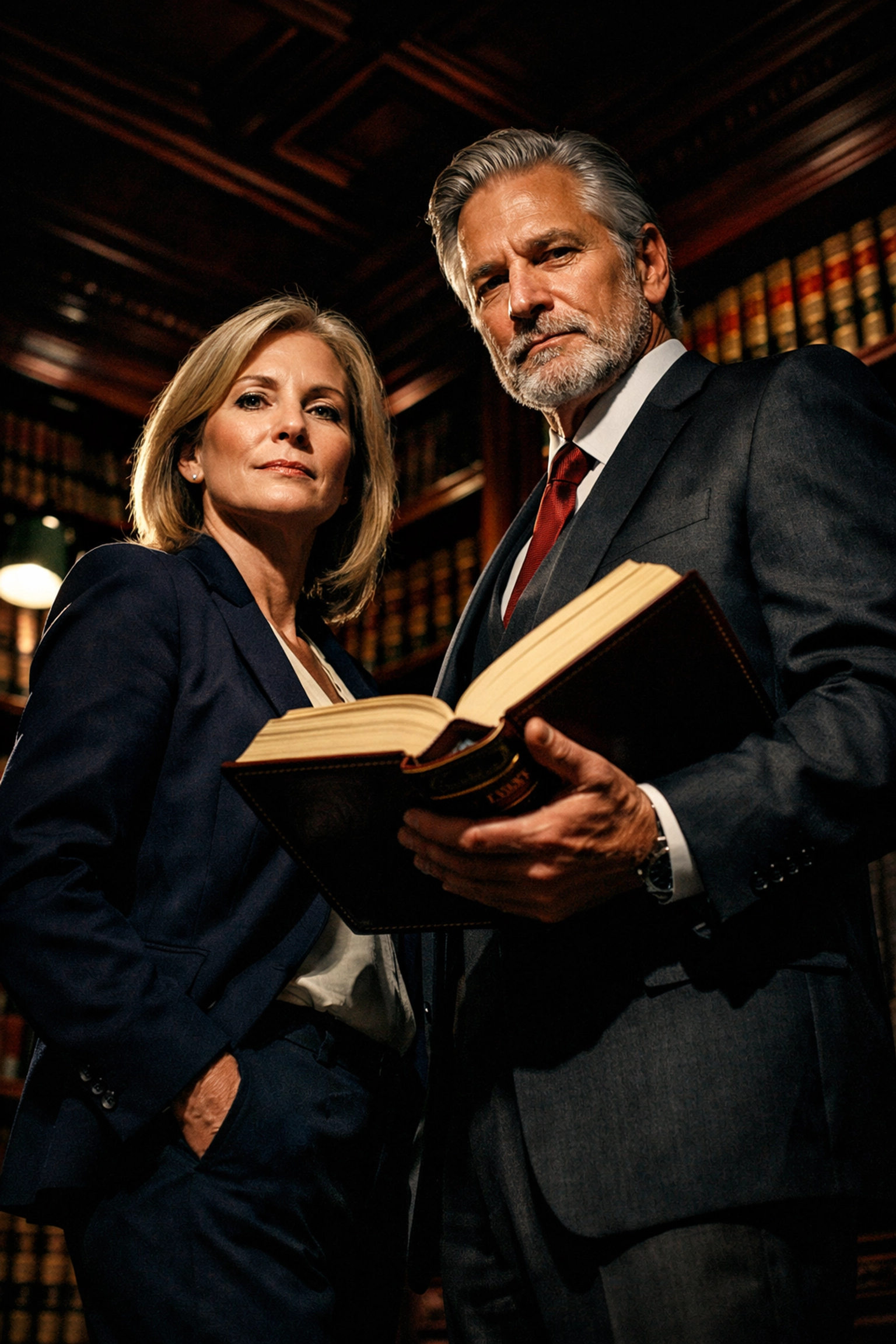 Professional trustees in a law library standing ready to defend private business interests and legal rights.