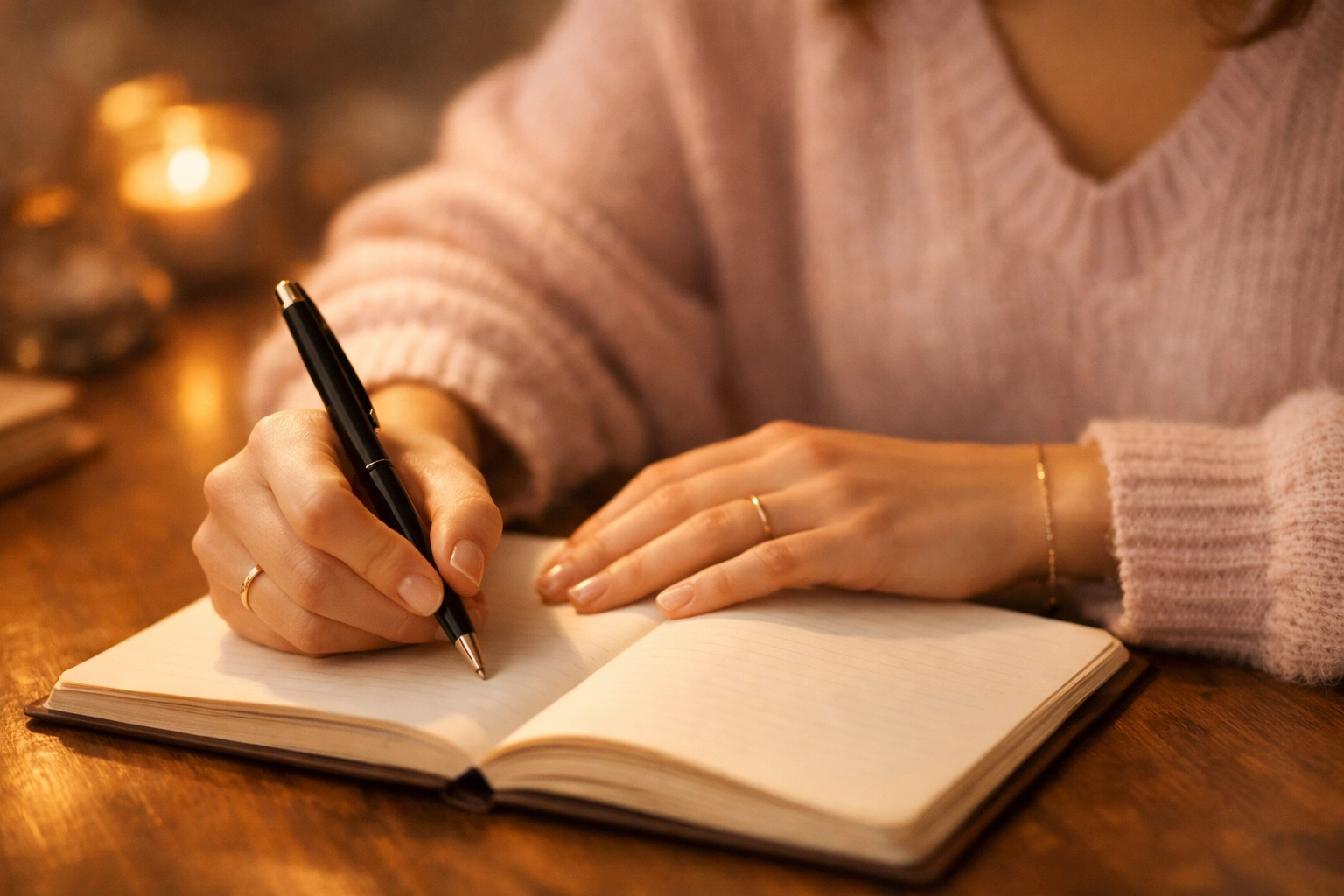 Journaling hands in warm candlelight