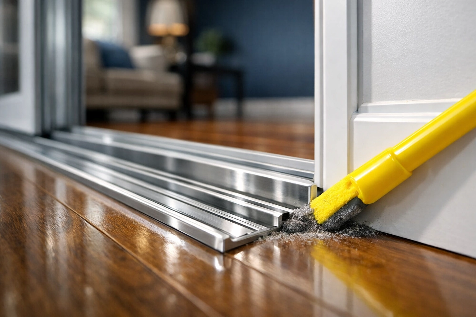 Detail of deep cleaning baseboards and tracks during a post construction cleaning service in Littleton.