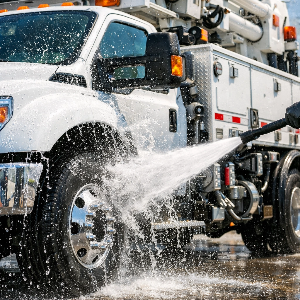 Cleaning a specialized fleet vehicle to maintain custom equipment and prevent salt damage.