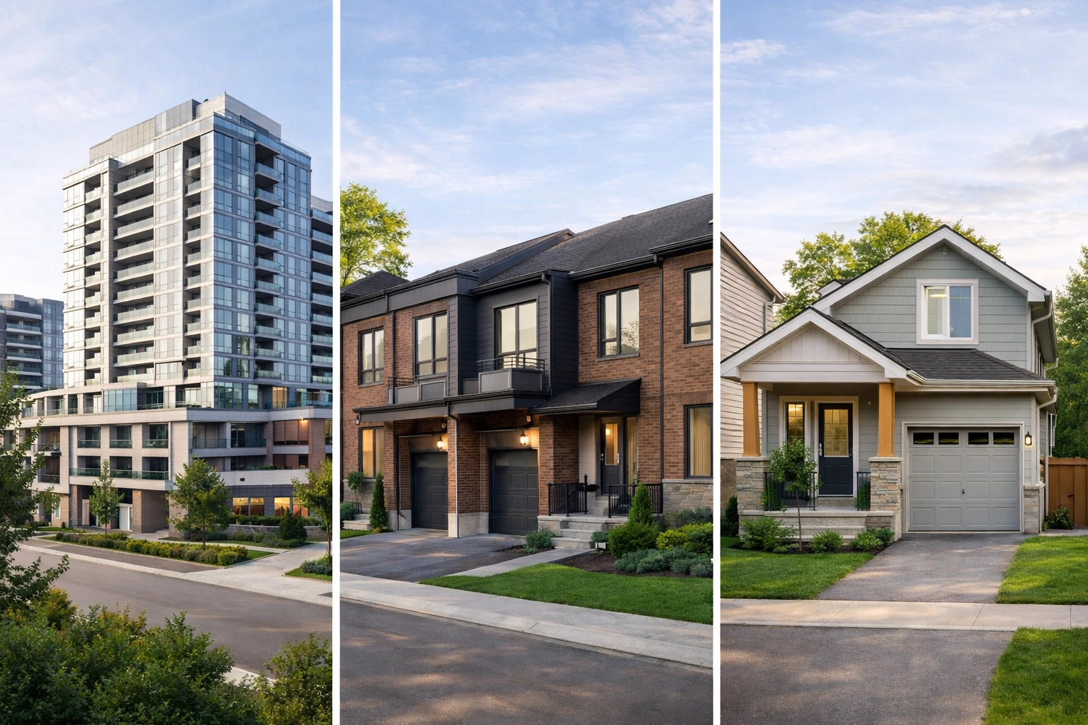 Modern Ontario housing options for first-time buyers, including condos, townhouses, and detached homes