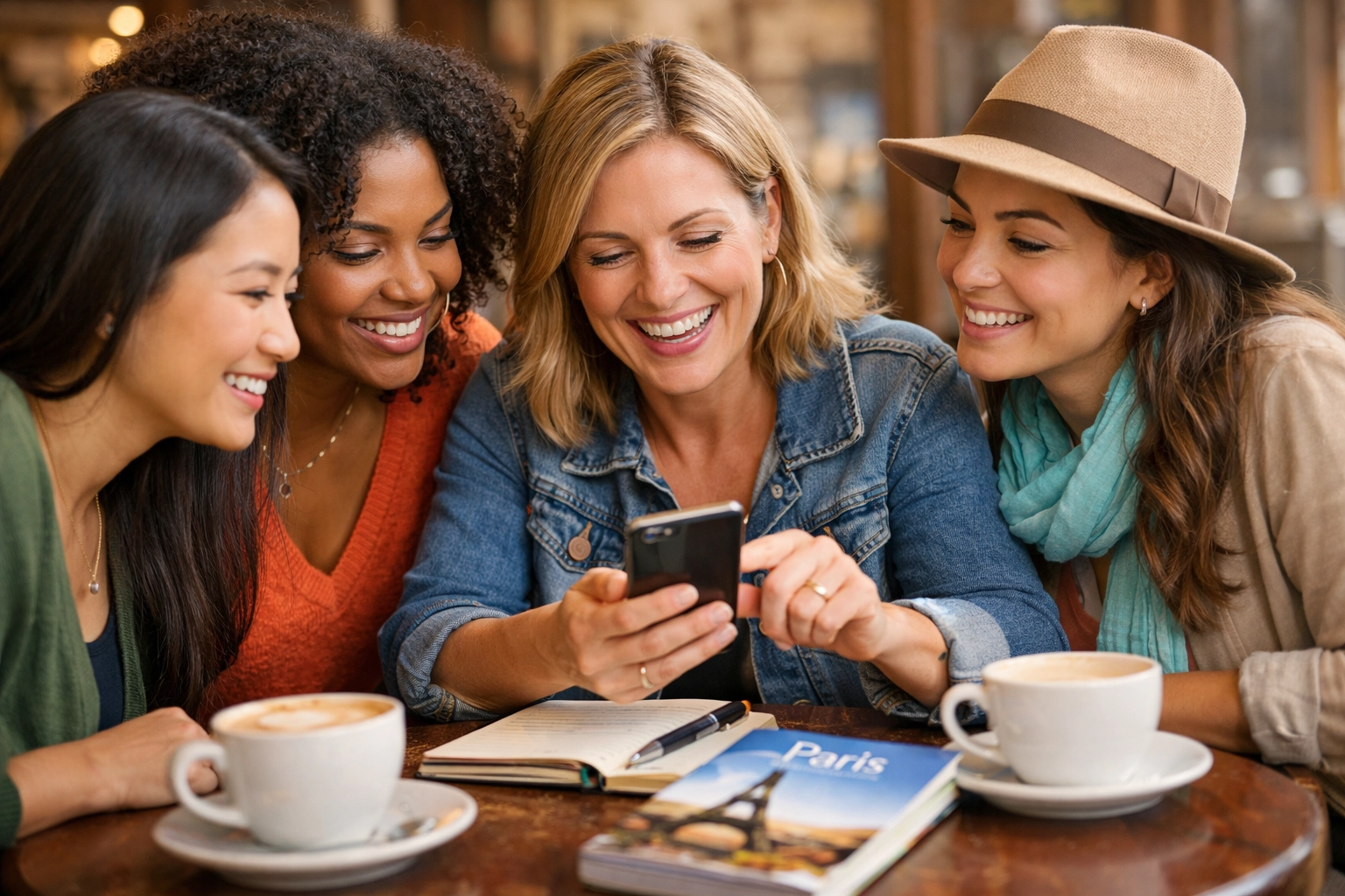 Woman sharing travel advice with friends at café, demonstrating trusted travel advisor expertise