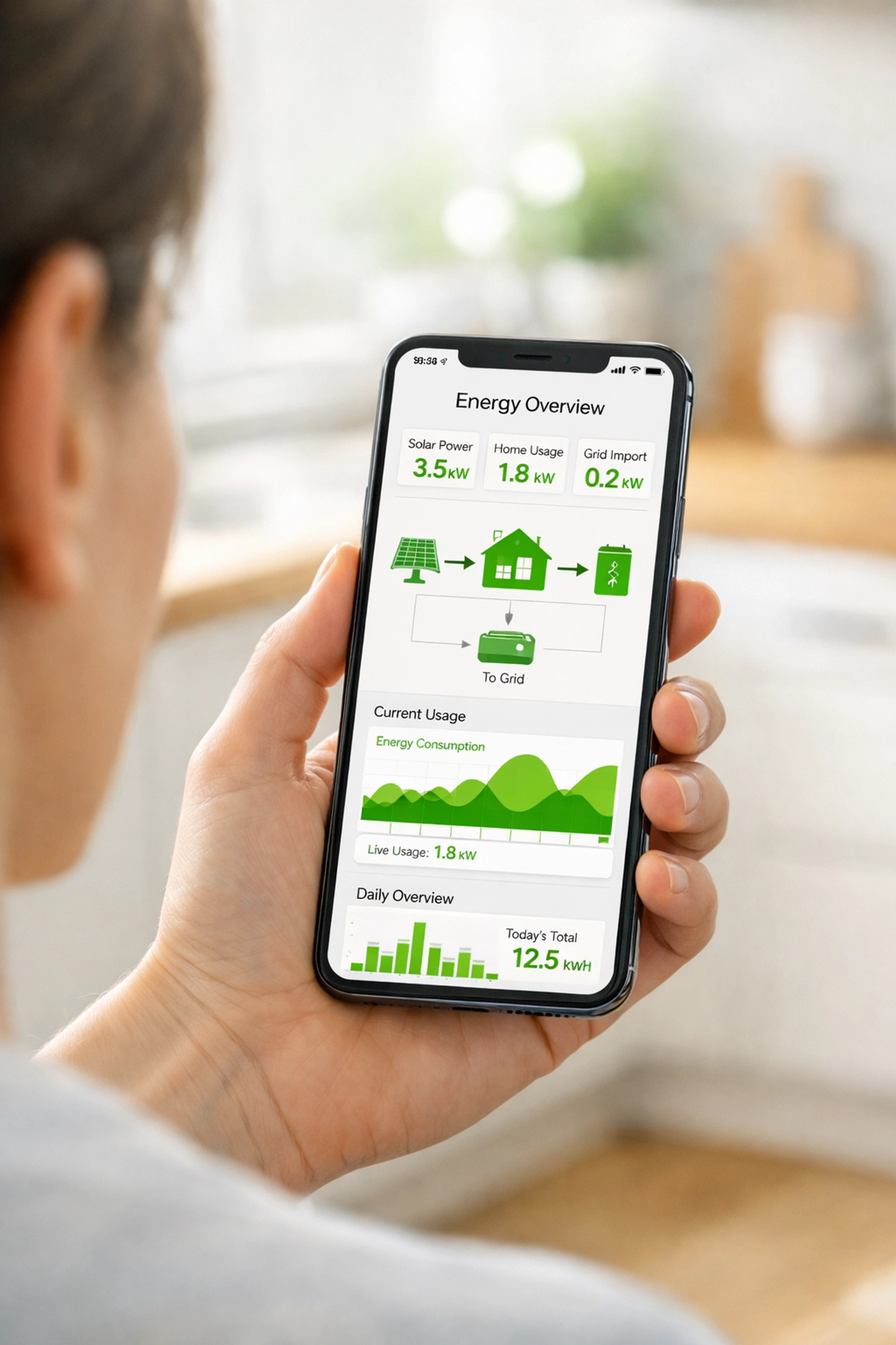 Using a smartphone app to monitor solar panel savings and GoodWe ESA battery performance.