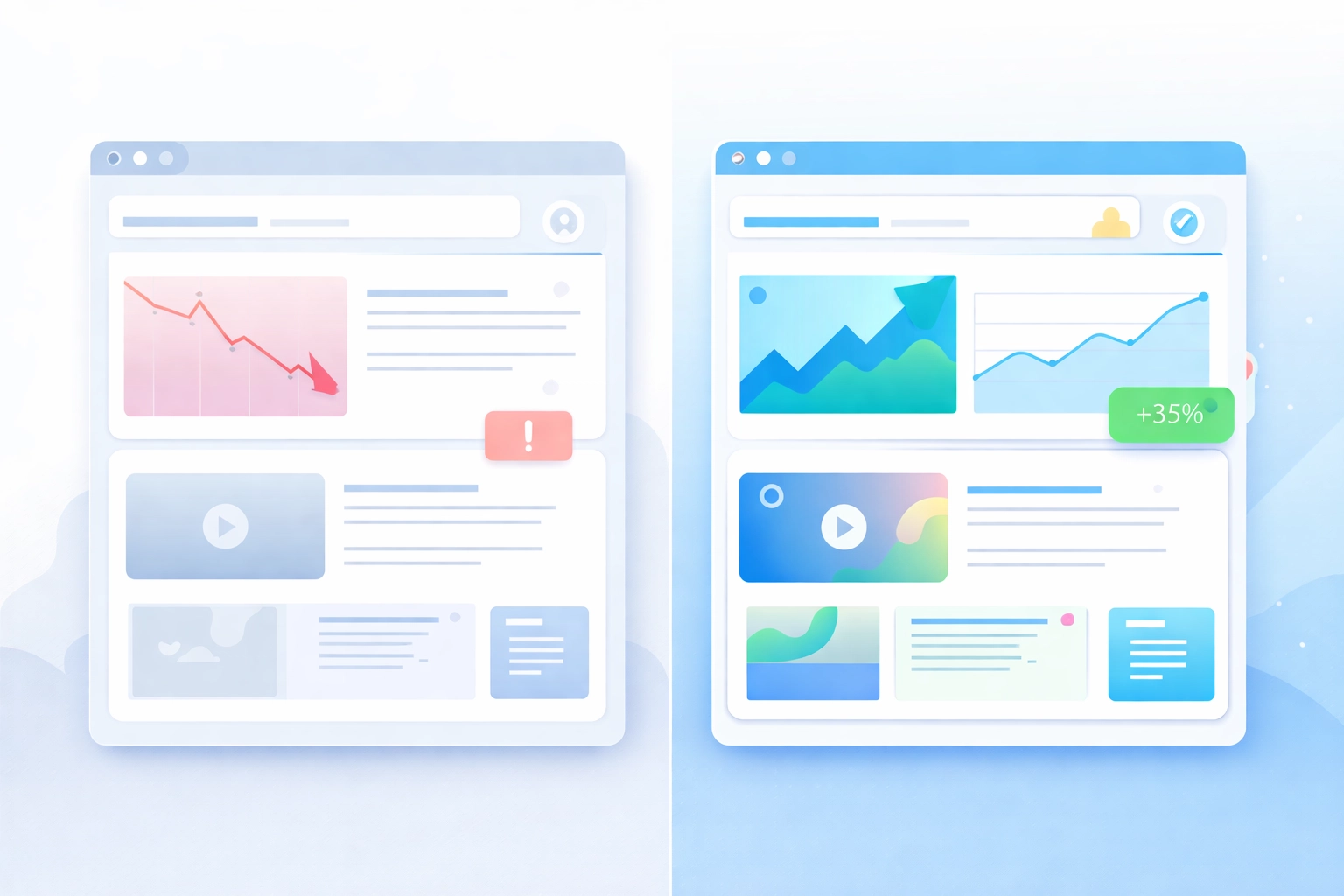 Illustration comparing outdated SEO with declining site traffic versus updated SEO with growing organic visibility