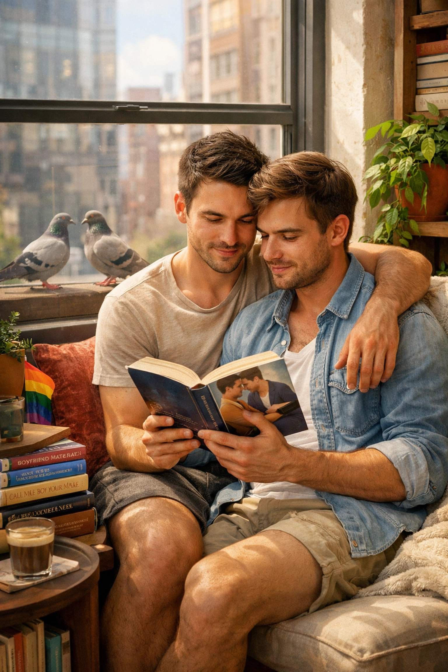 A gay couple reading an MM romance book in a sunlit loft while urban pigeons nest on the windowsill outside.
