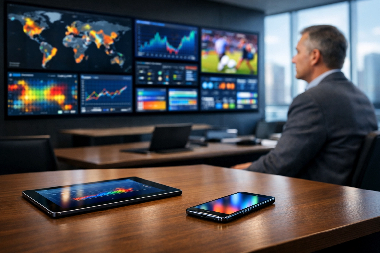 Corporate marketing command center with data visualizations for Super Bowl multi-channel brand engagement strategies.