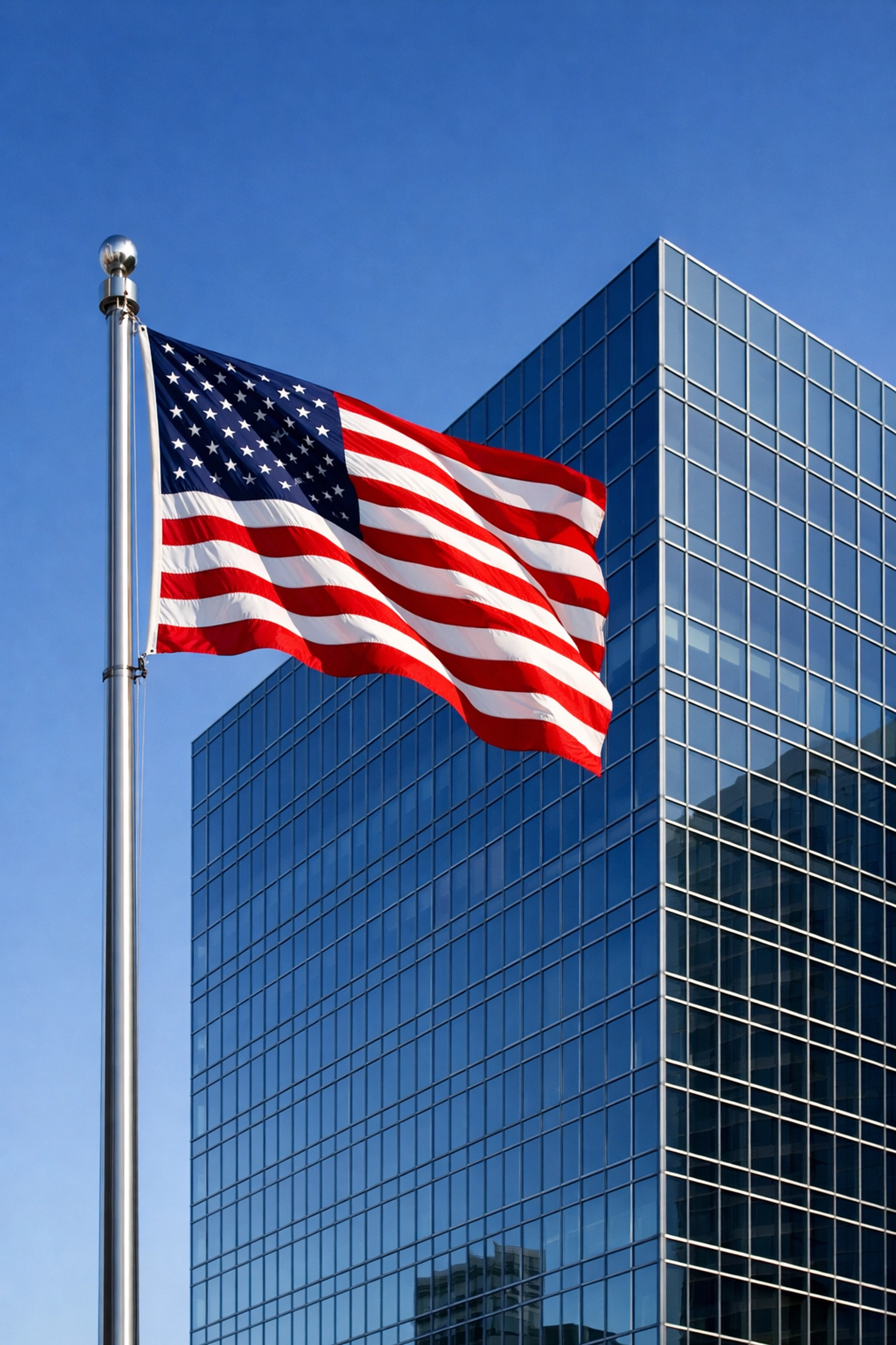 Modern office building with American flag representing SBA loan U.S. citizenship requirements.